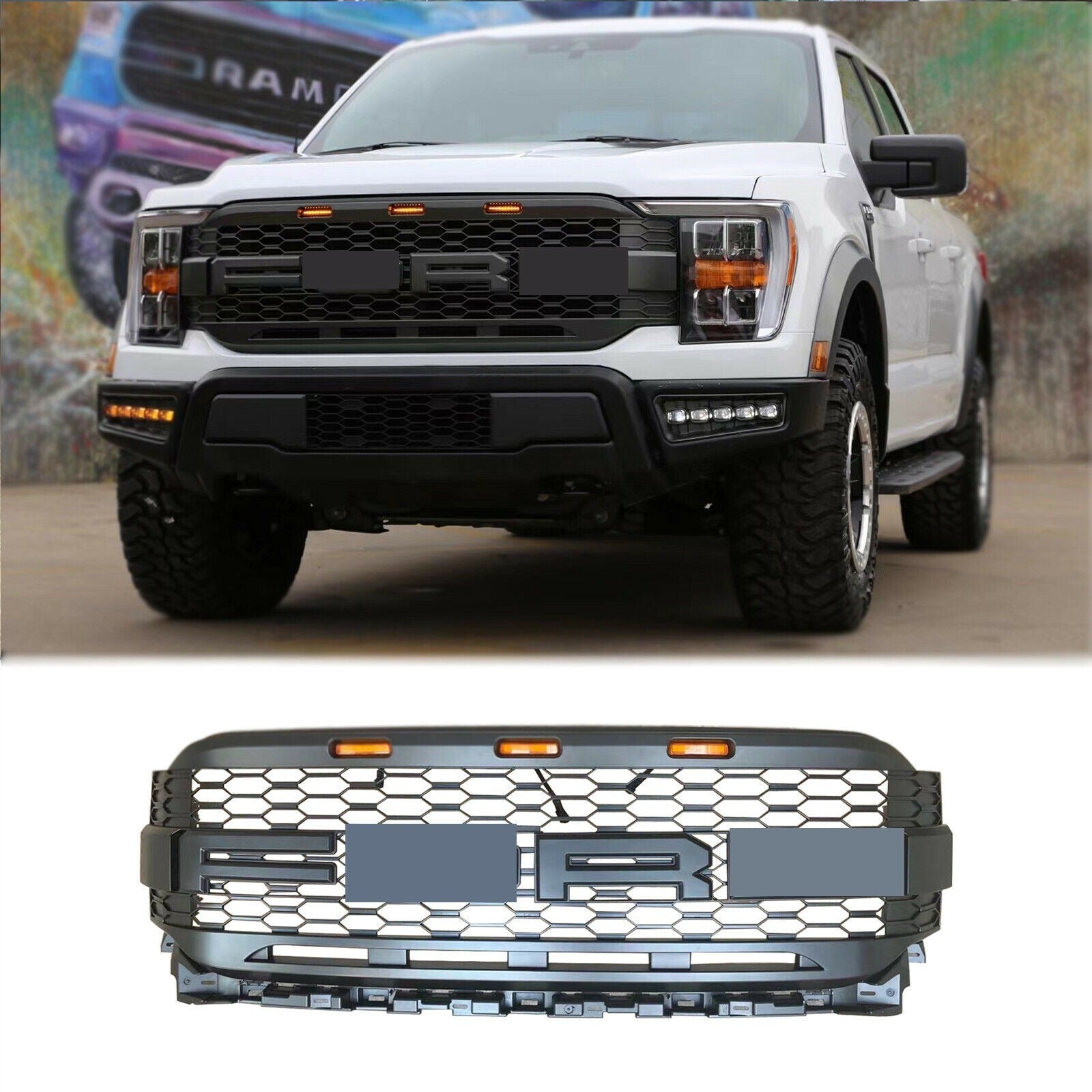 Grill For 2021 2022 2023 Ford f150 Raptor Grill Replacement W/LED Lights & Letters Matte Black - Korvel