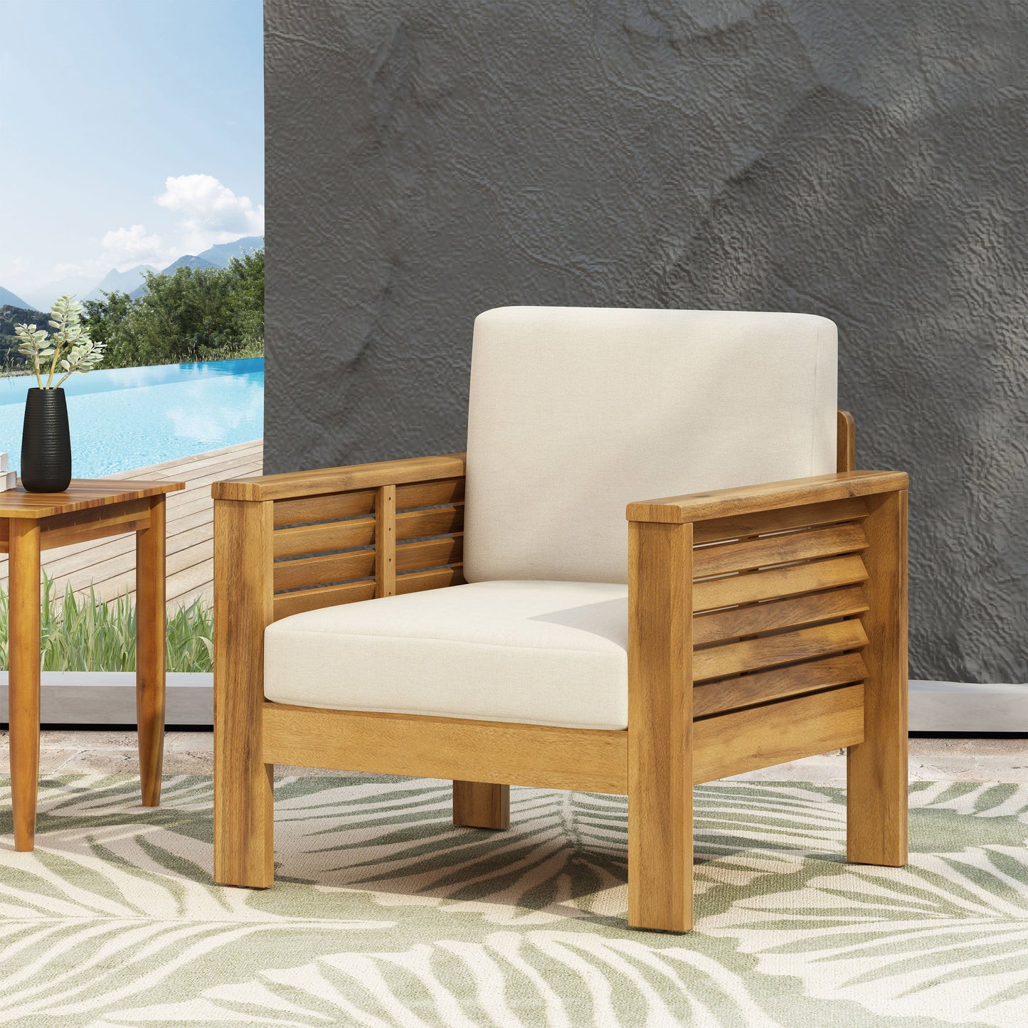 Outdoor Acacia Wood Club Chairs with Cushions, Teak+Beige, 27.75"D x 32"W x 27.75"H - Korvel
