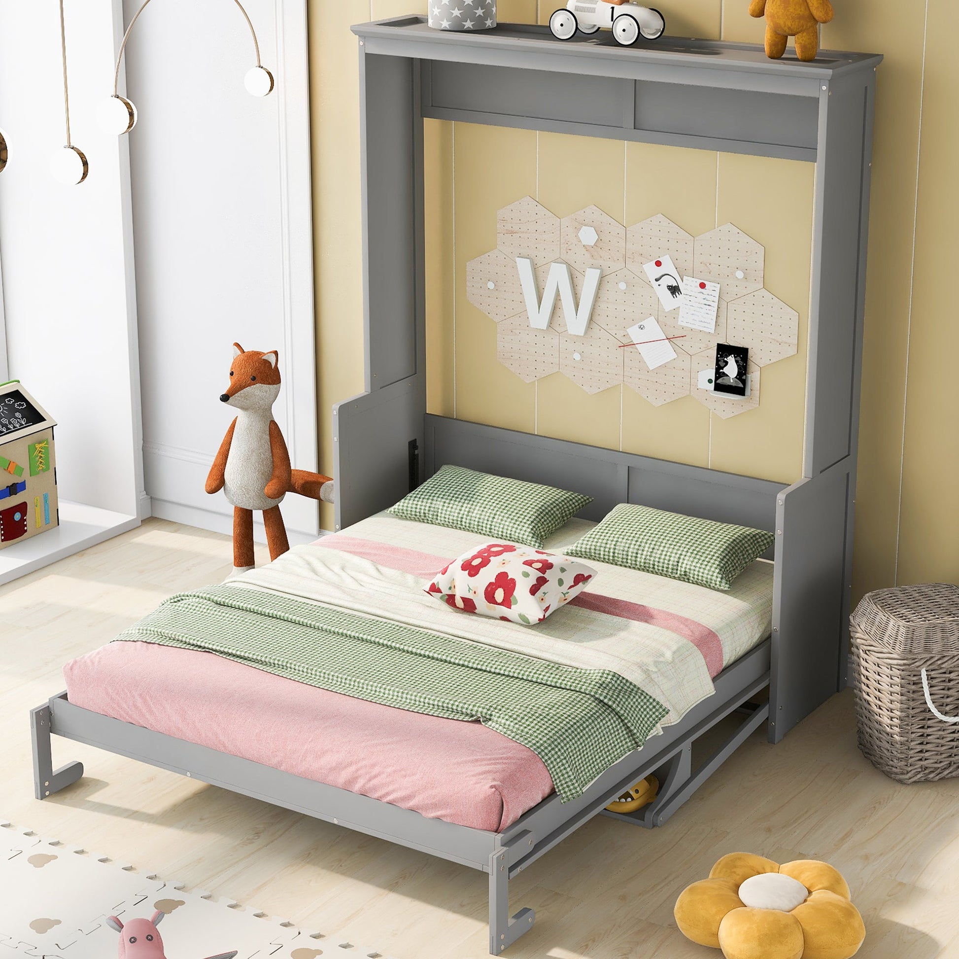 Queen Size Murphy Bed with a Shelf, Gray - Korvel