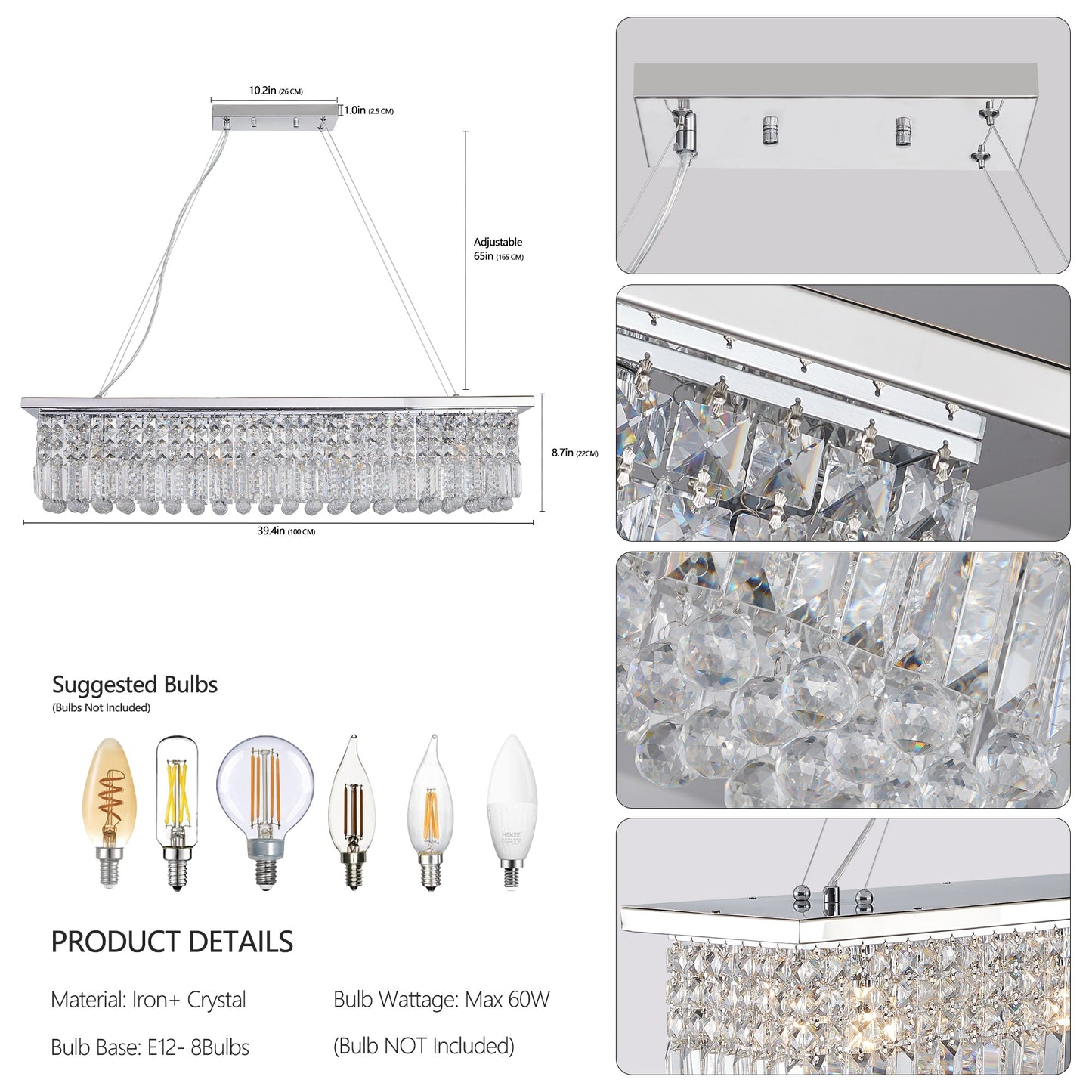 Modern Crystal Chandelier for Dining Room 8-Light White Rectangle Raindrop L39.4'' x W9.8'' x H8.7'(Bulb Not Included) - Korvel