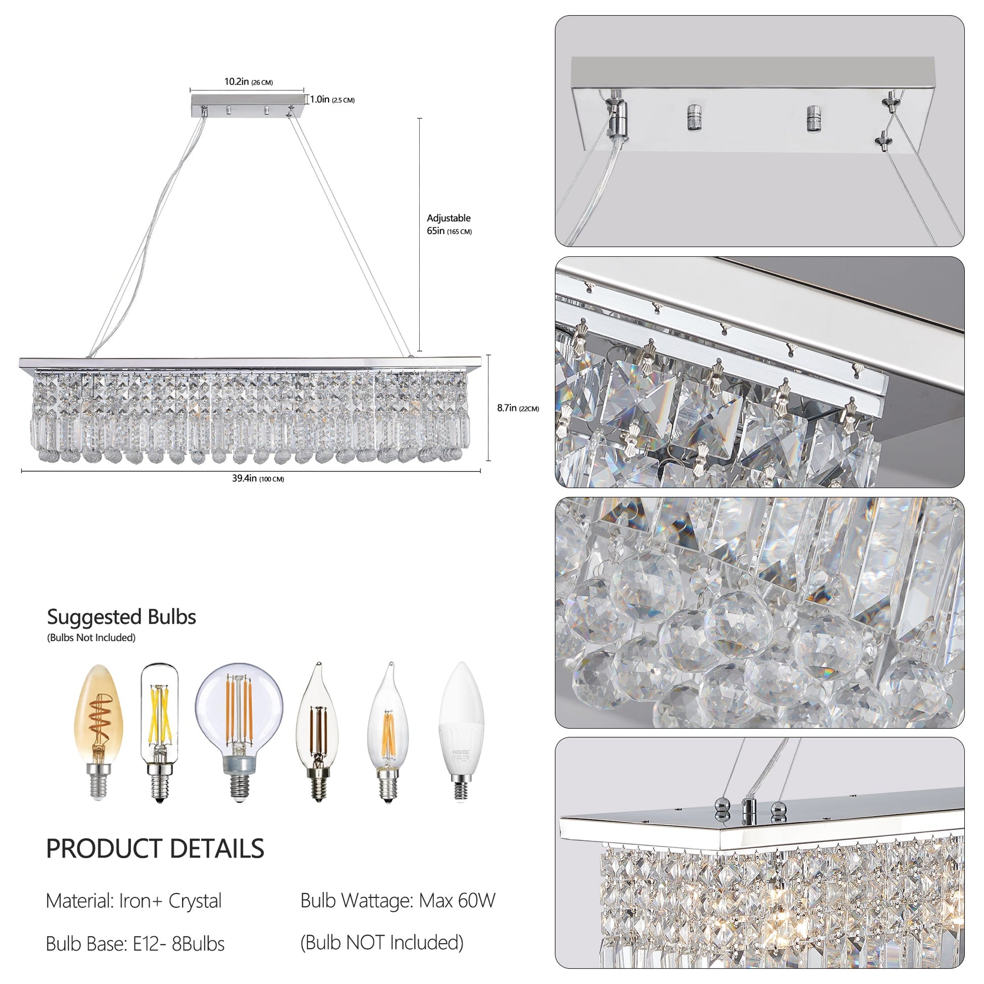 Modern Crystal Chandelier for Dining Room 8-Light White Rectangle Raindrop L39.4'' x W9.8'' x H8.7'(Bulb Not Included) - Korvel