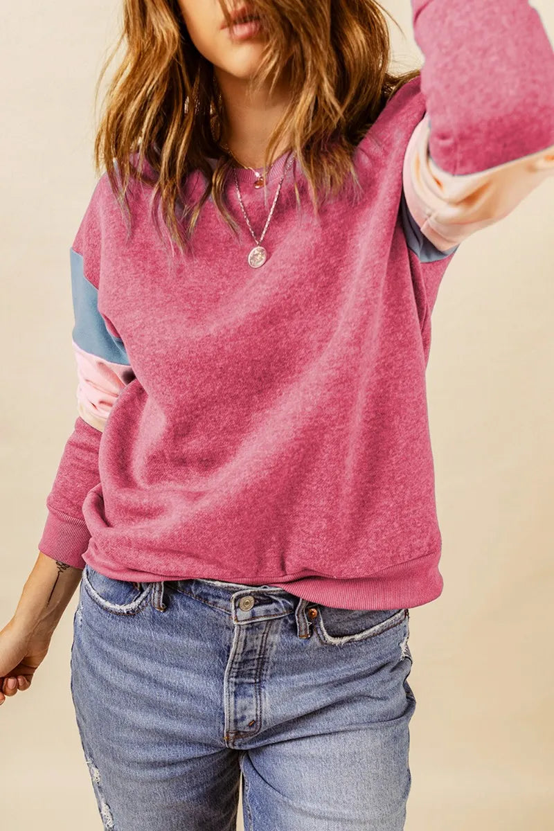 Color Block Round Neck Long Sleeve Sweatshirt - Korvel