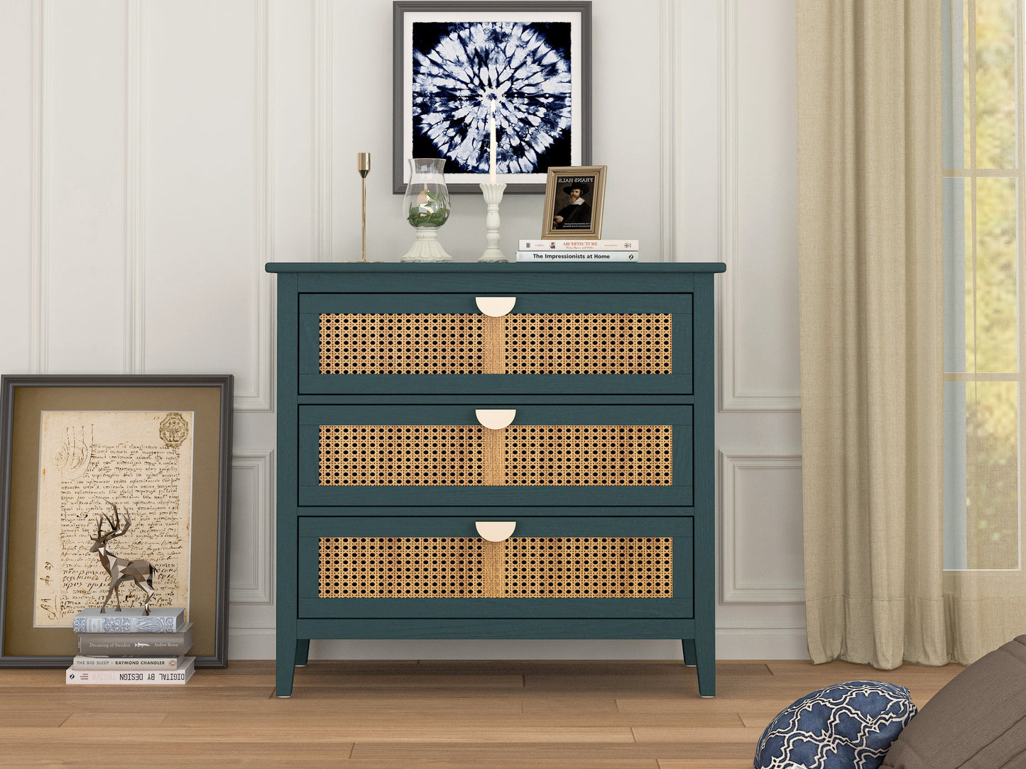 3 Drawer Cabinet Natural rattan American Furniture Suitable for bedroom living room study - Korvel