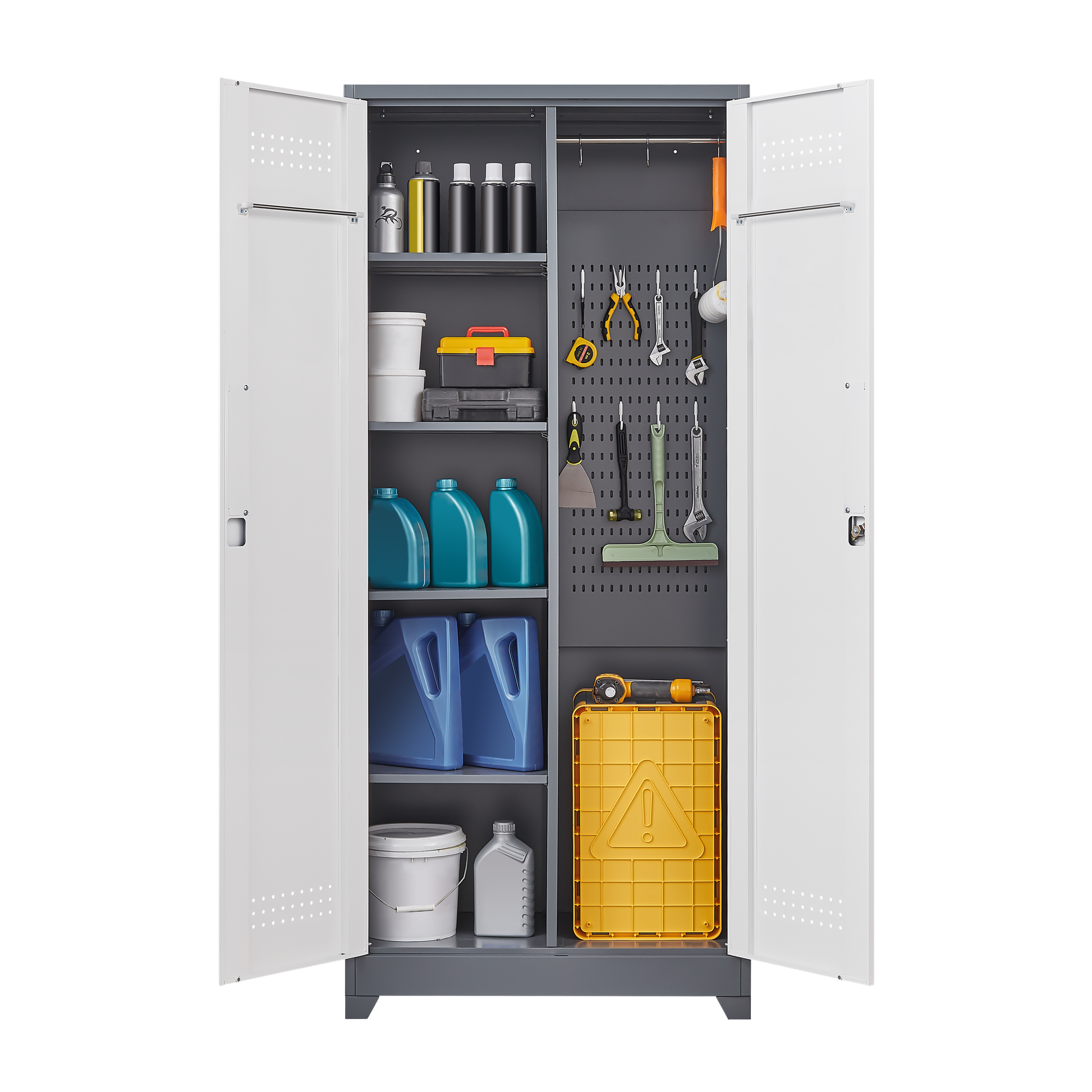 Metal storage cabinets, lockable cleaning tool cabinets, high broom tool organizers, and large storage cabinets in storage store - Korvel