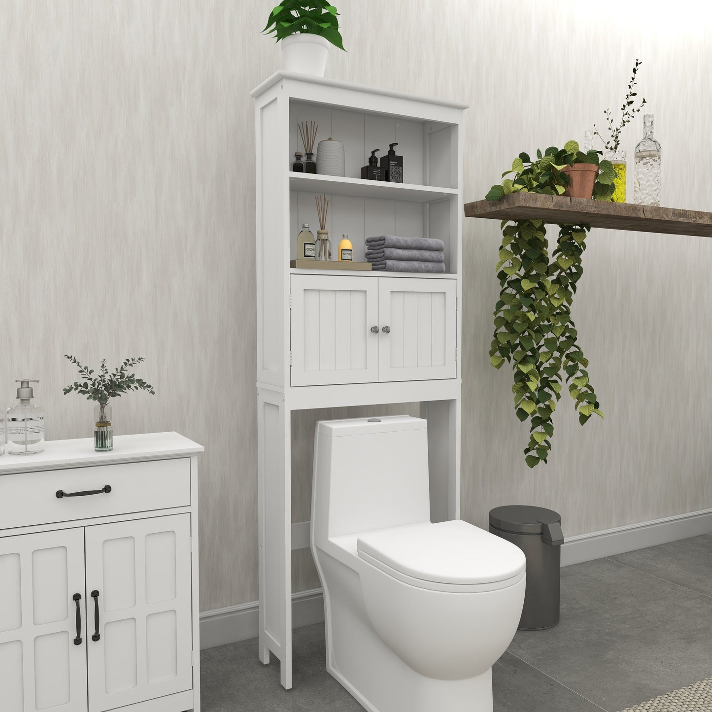 Over The Toilet Rack 2 -Tier Toilet Bathroom Spacesaver Storage Shelf with 2 Doors Wood Storage Organizer Cabinet - Korvel