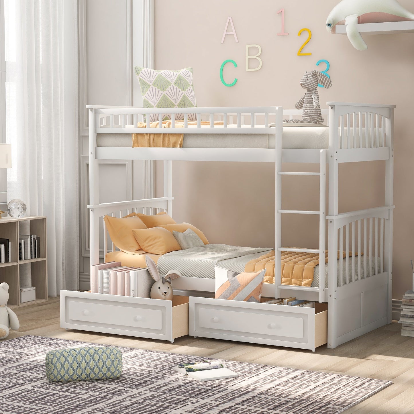 Cama litera de dos camas individuales con cajones - Blanca convertible