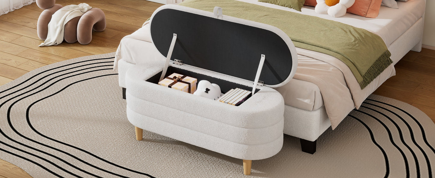 Ottoman de rangement en tissu sherpa élégant avec pieds en bois