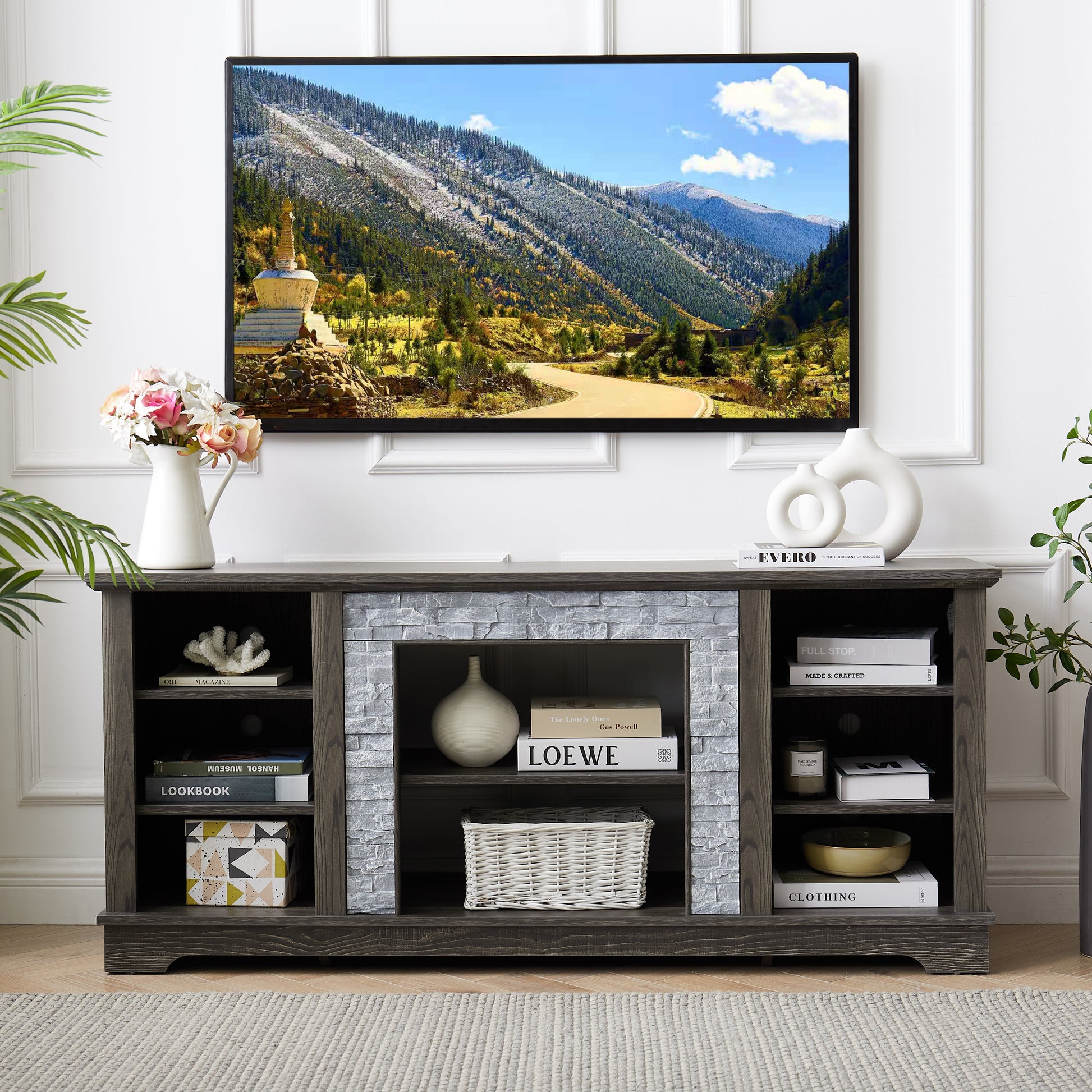 Mantel Stone modern entertainment console, manually stacked stone surrounds open storage space, gray - Korvel