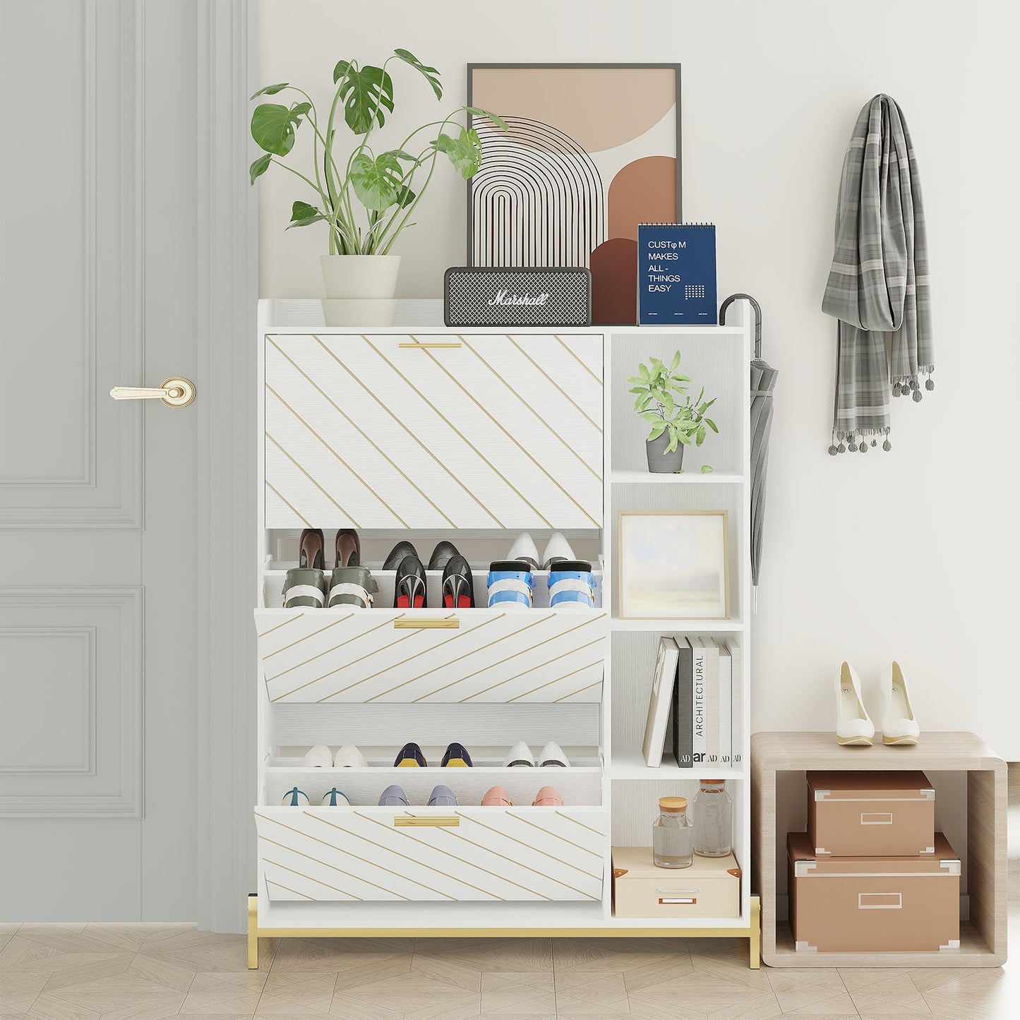 Shoe Cabinet with 3 Flip Drawers & Open Shelves, Modern Entryway Shoe Storage Cabinet Slim, Narrow Hidden Shoe Rack for Heels - Korvel