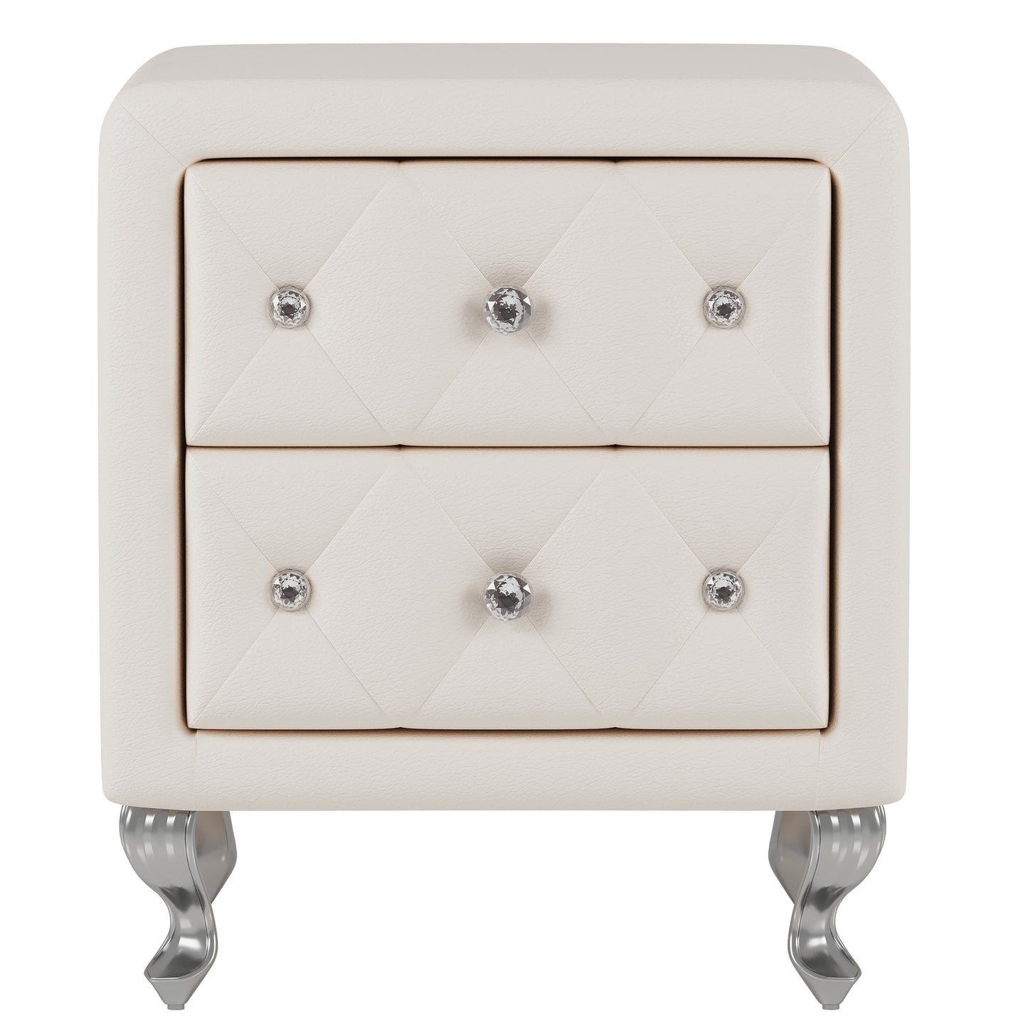 Elegant PU bedside table with 2 drawers and crystal handles, storage with metal legs - white - Korvel