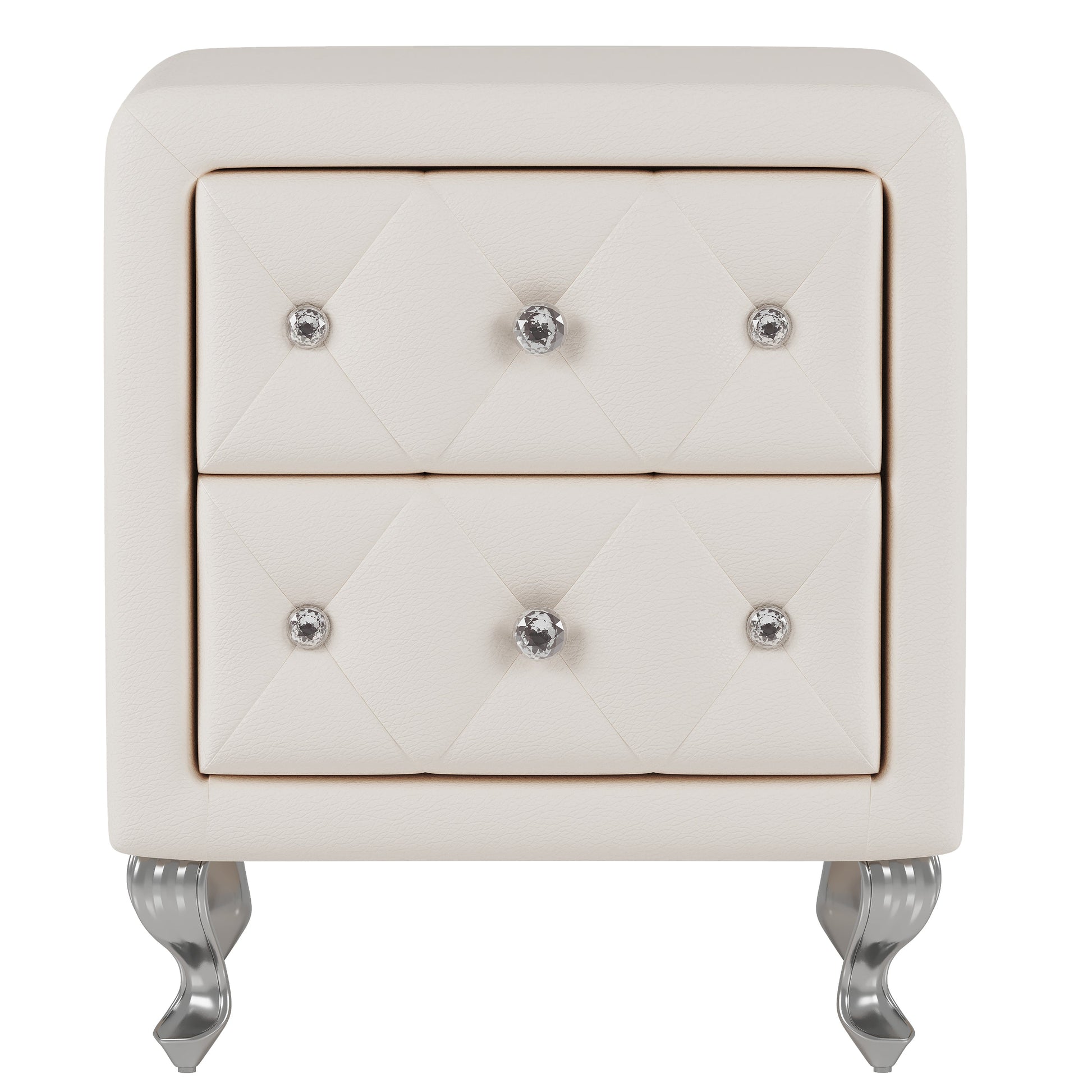 Elegant PU bedside table with 2 drawers and crystal handles, storage with metal legs - white - Korvel