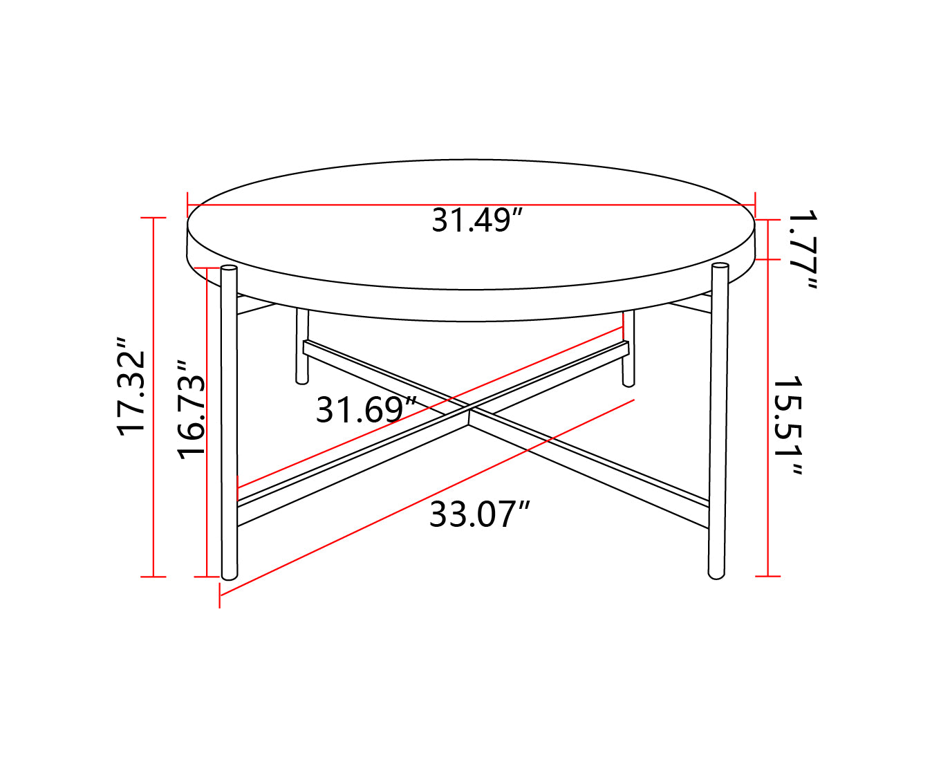 33"Modern Thread Design Round Coffee Table MDF Table Top with Cross Legs Metal Base - Korvel