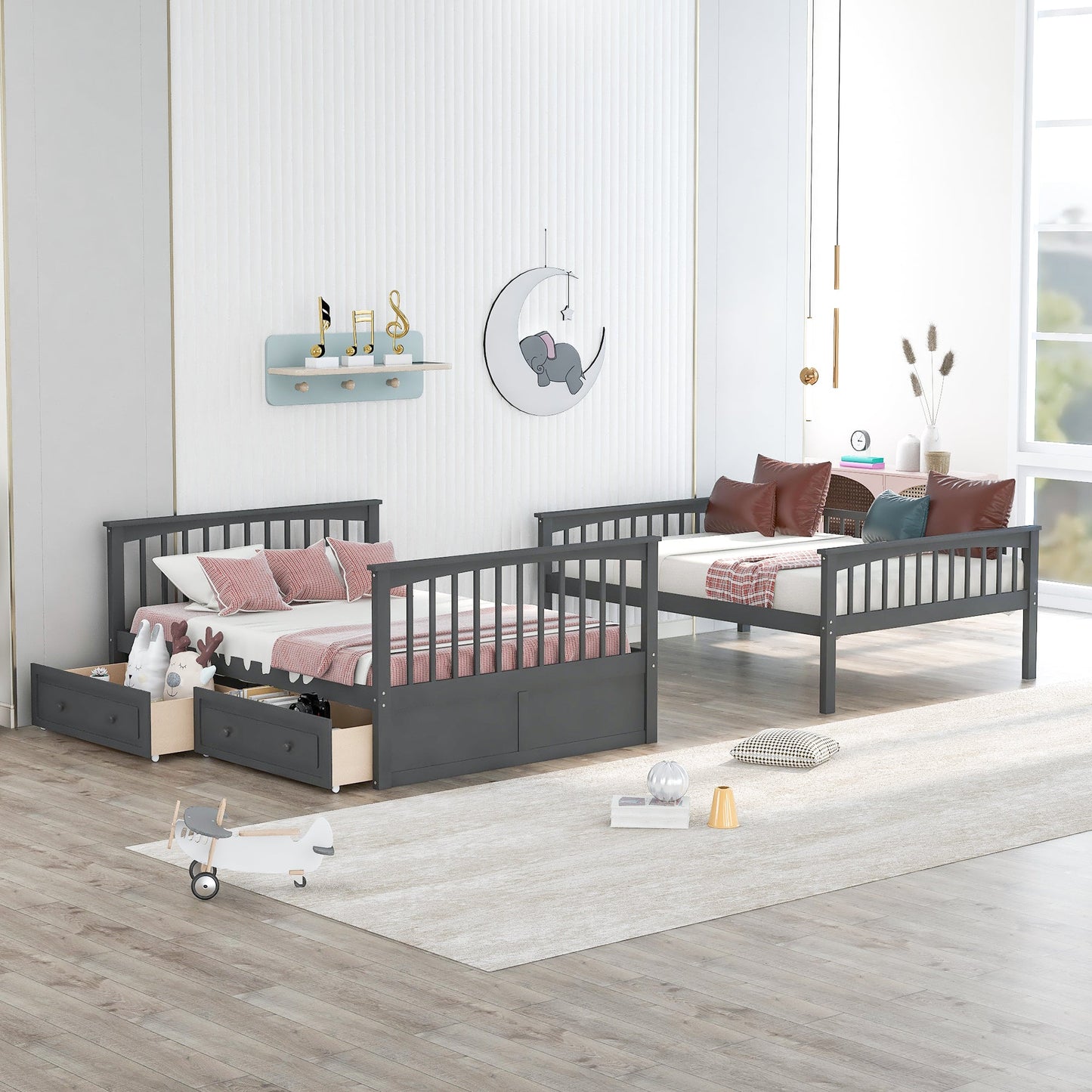 Full over Full Bunk Bed with Drawers, Convertible Beds  Gray - Korvel