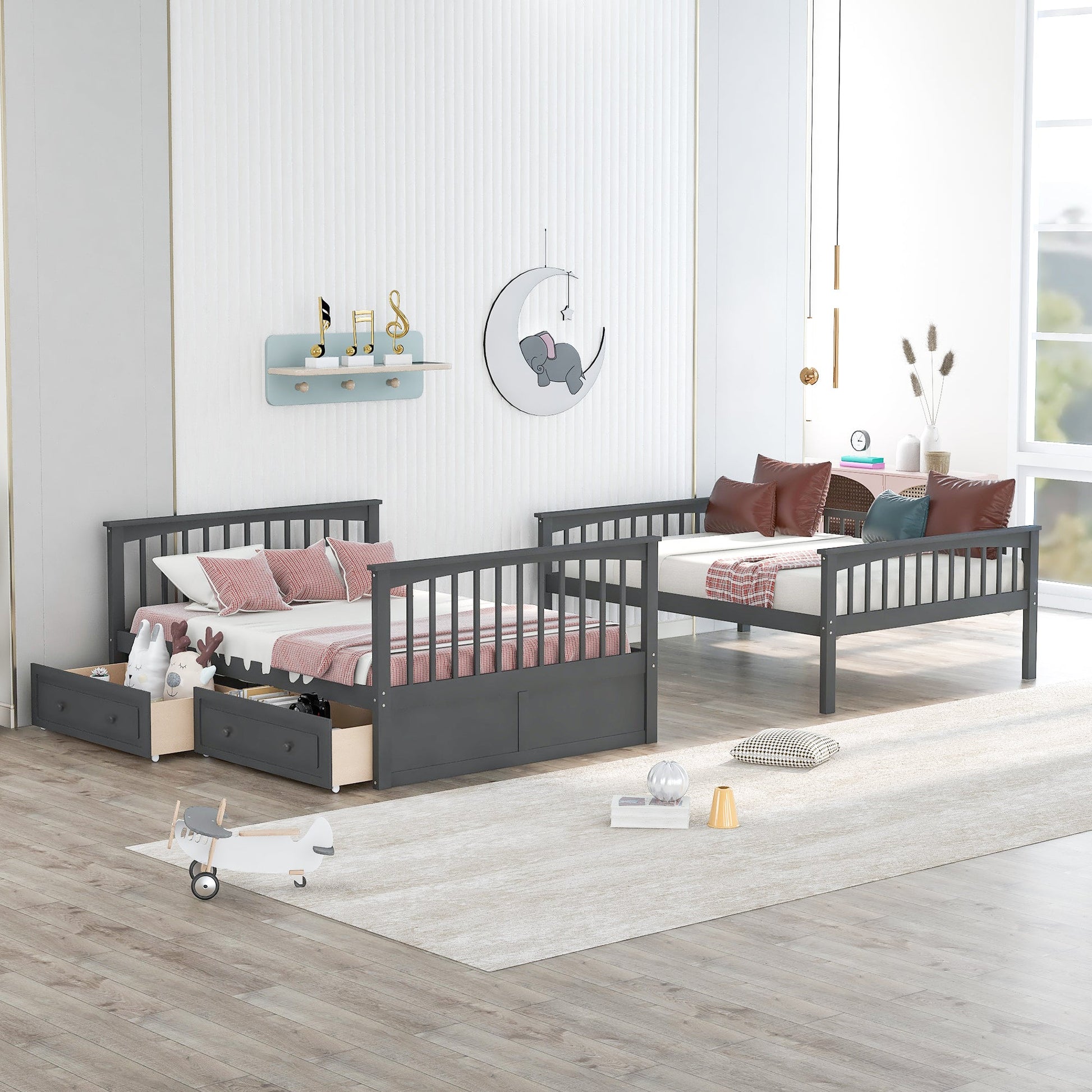 Full over Full Bunk Bed with Drawers, Convertible Beds  Gray - Korvel