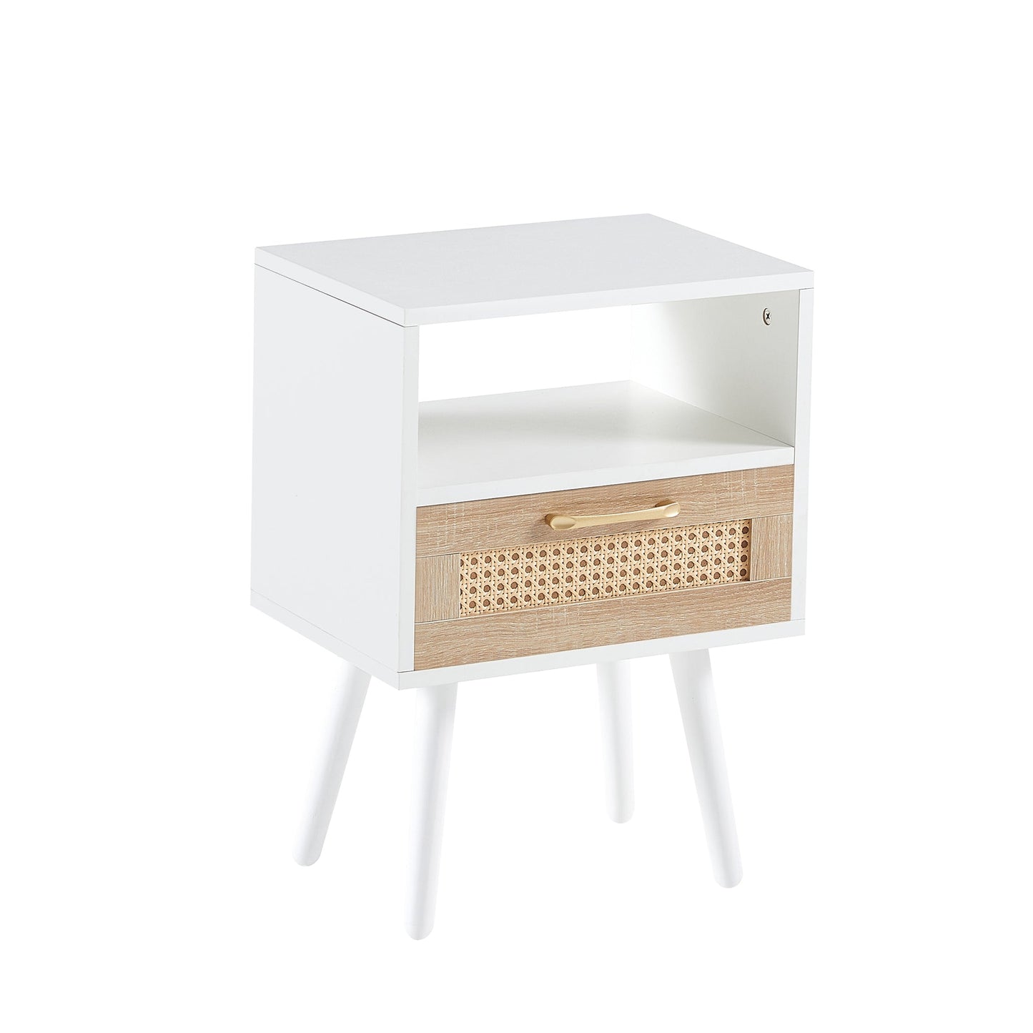Table d'appoint en rotin blanc de 15,75" avec tiroir et pieds en bois massif