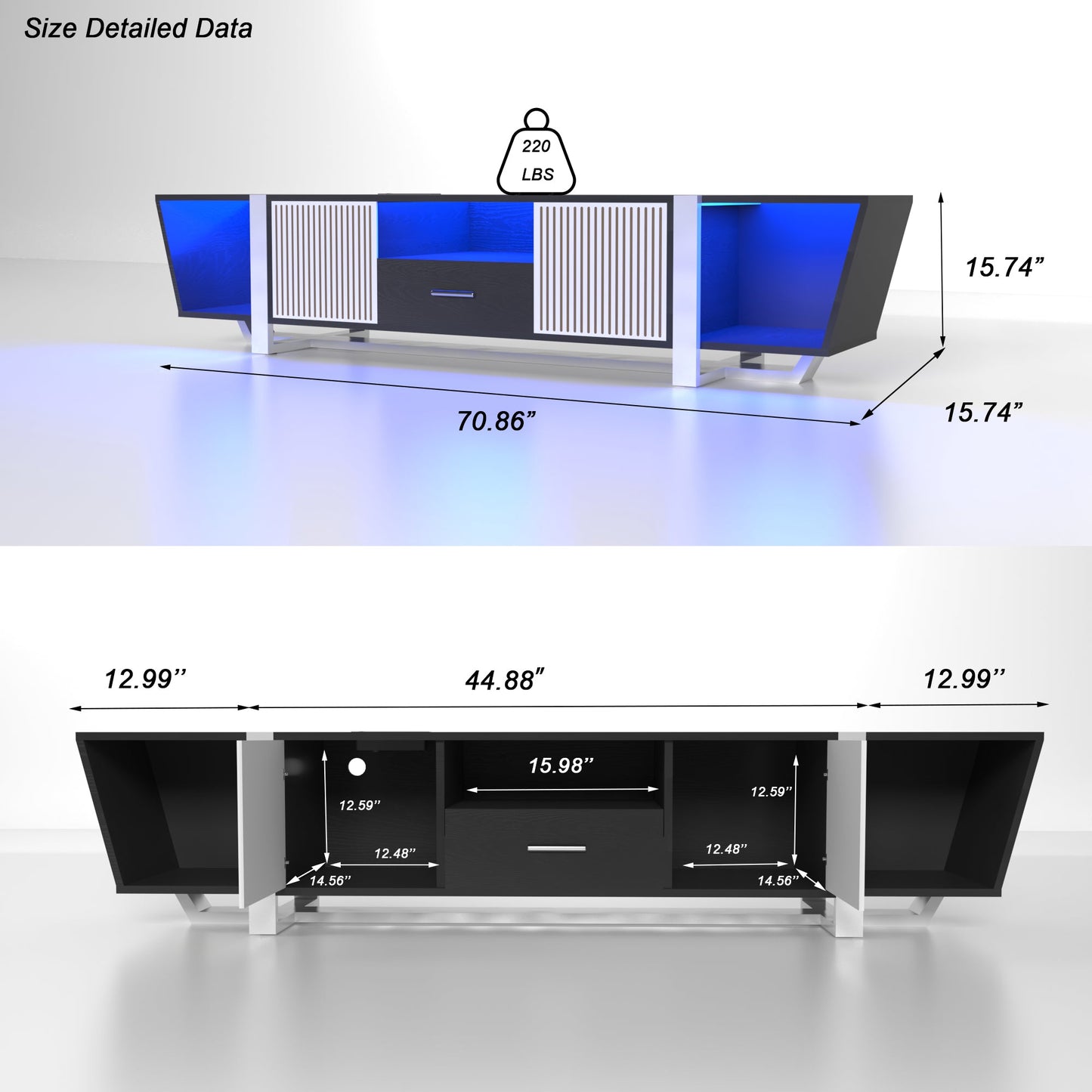 Console TV noire moderne avec rangement et éclairage LED
