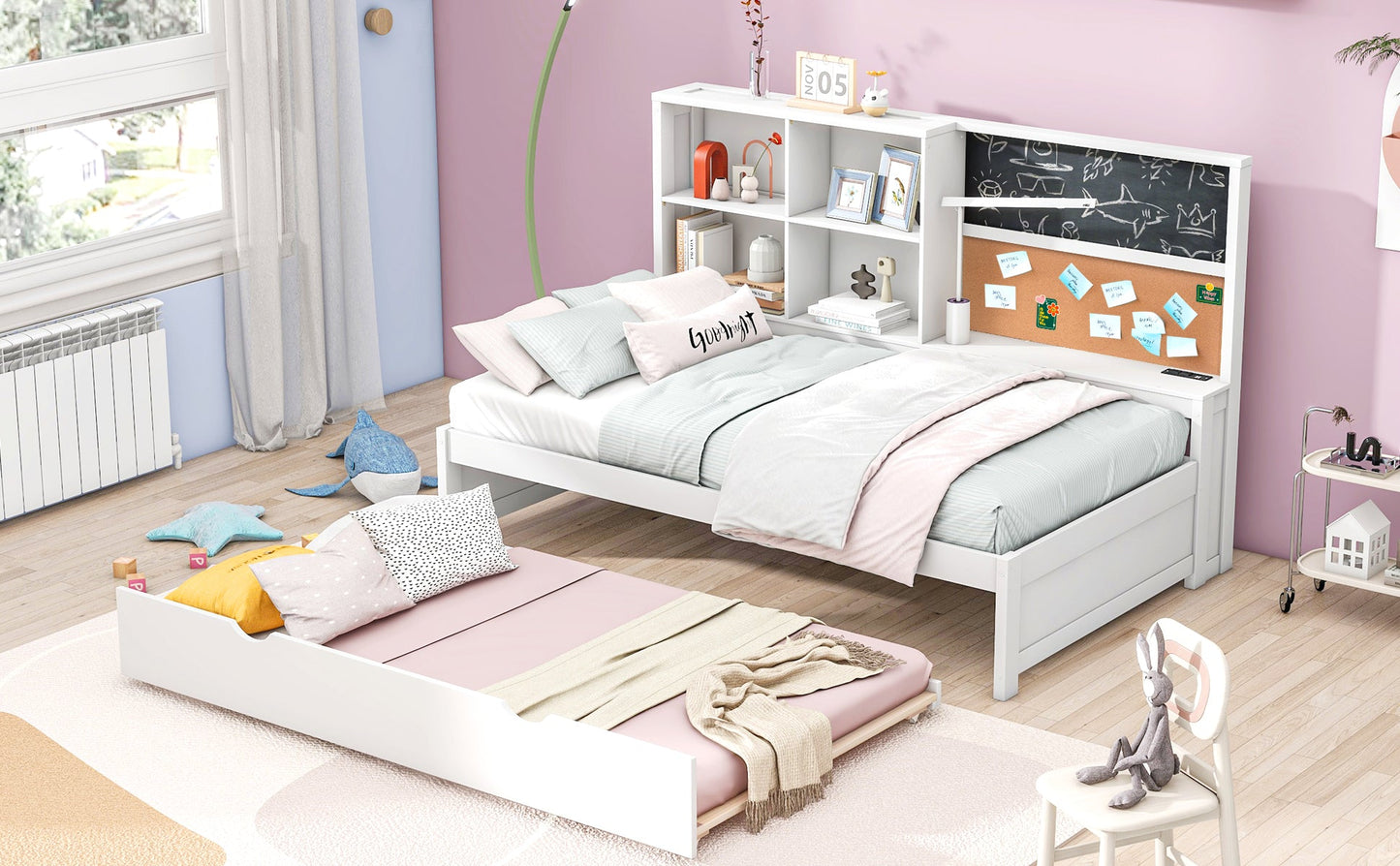 Cama nido elegante de tamaño twin con almacenamiento y cama extraíble - Blanca