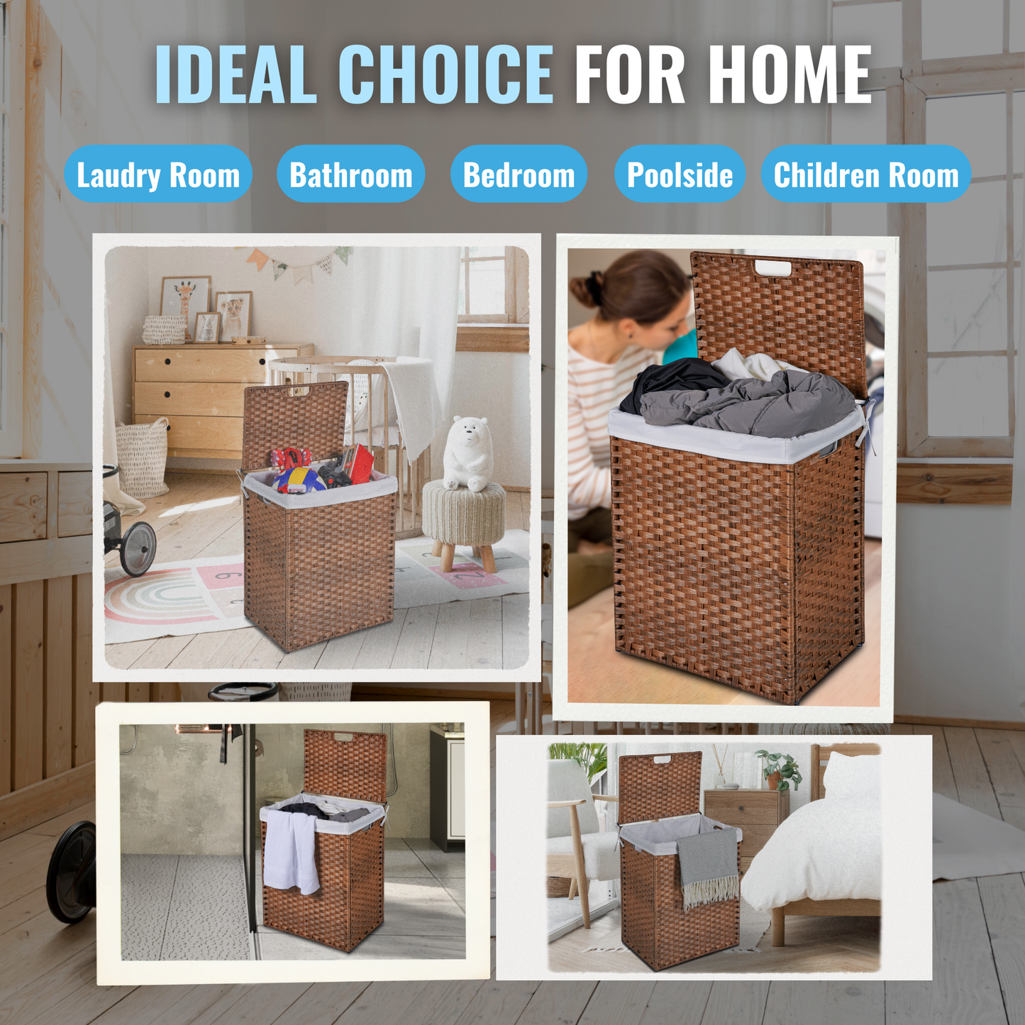 Laundry Hamper With Lid PE Rattan Powder Coating Frame Clothes Hampers with 02 Removable Bags, 100L, Brown Color - Korvel
