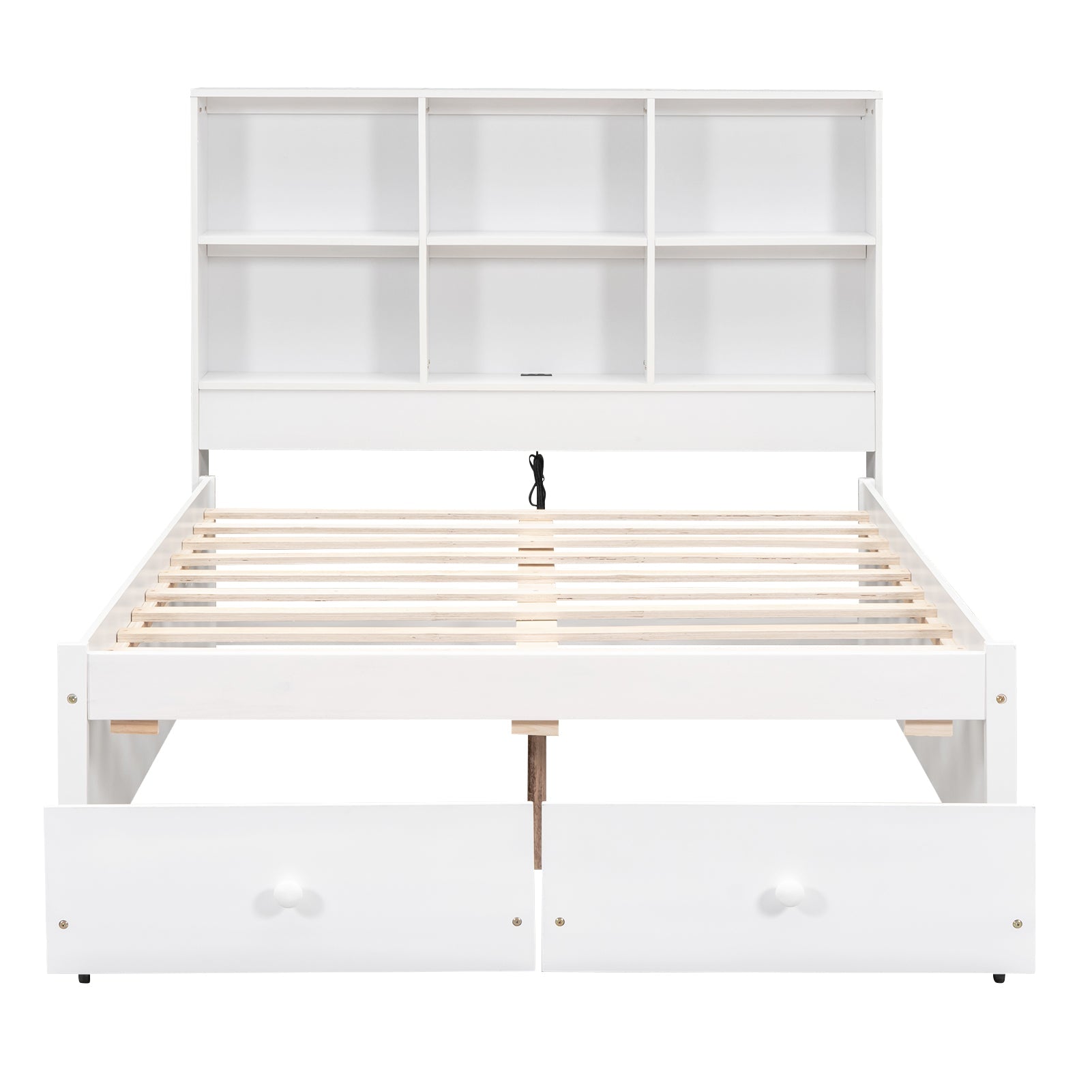 Full Size Platform Bed with Storage Headboard, Charging Station and 2 Drawers White - Korvel