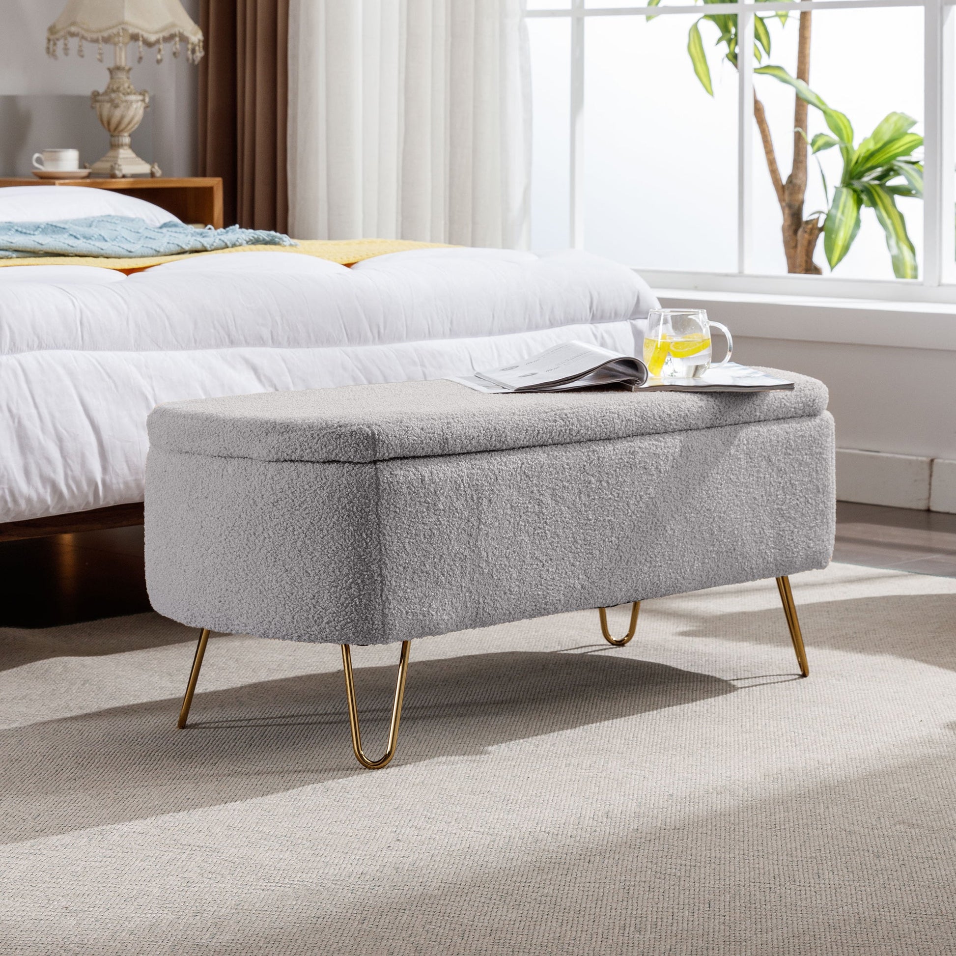 Grey Storage Ottoman Bench for End of Bed Gold Legs Modern Grey Faux Fur Entryway Bench - Korvel