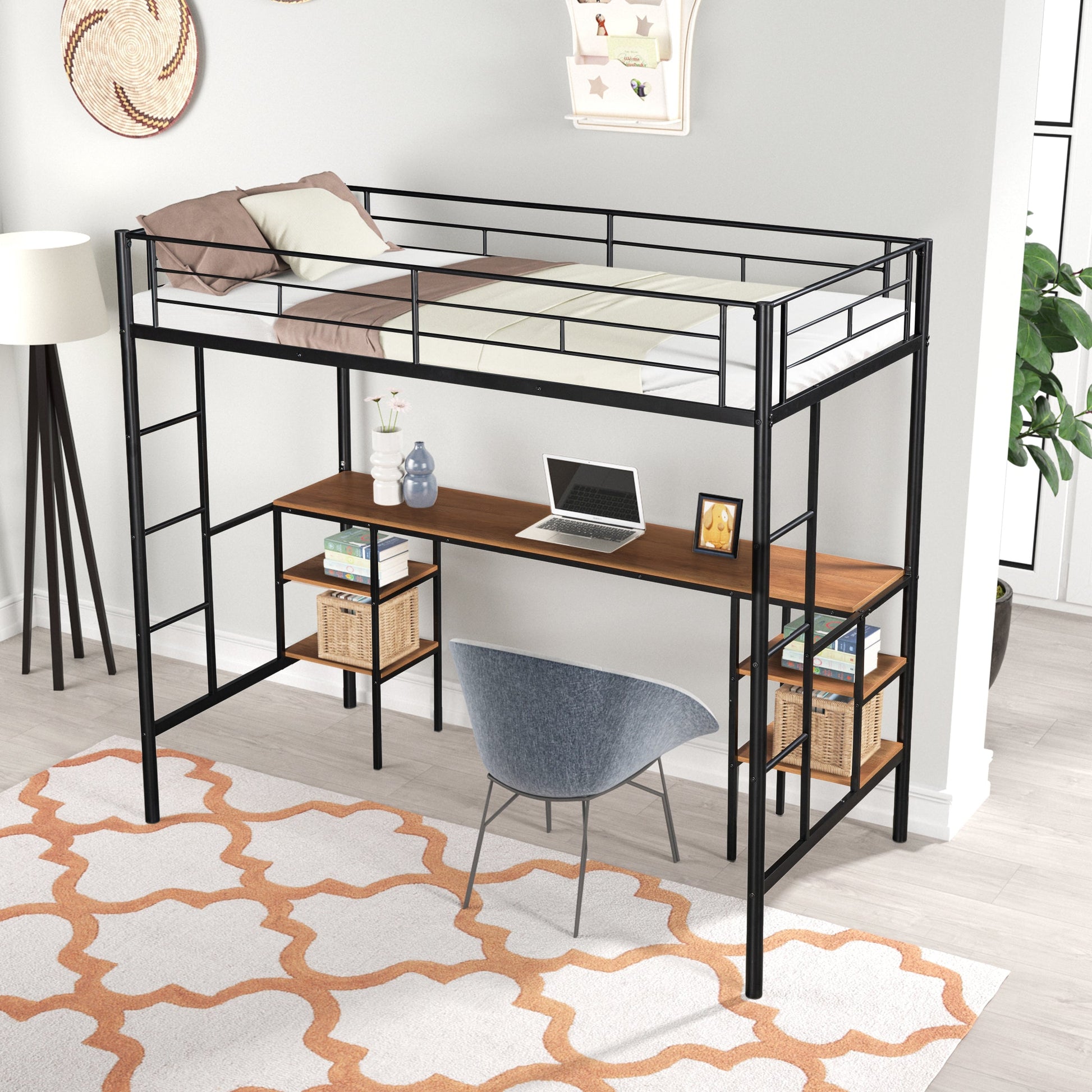 Twin loft bed with table and shelf/Heavy duty sturdy metal/Built in table and shelf/Noise reduction/Safety fence - Korvel