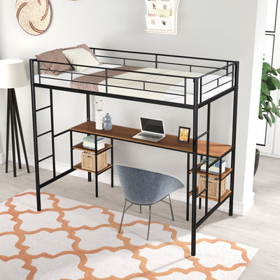 Twin loft bed with table and shelf/Heavy duty sturdy metal/Built in table and shelf/Noise reduction/Safety fence - Korvel