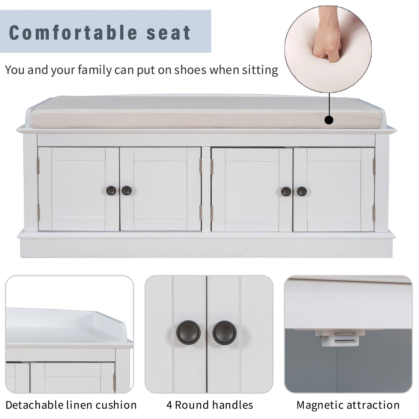 TREXM Storage Bench with Adjustable Doors and Padded Shoe Stand