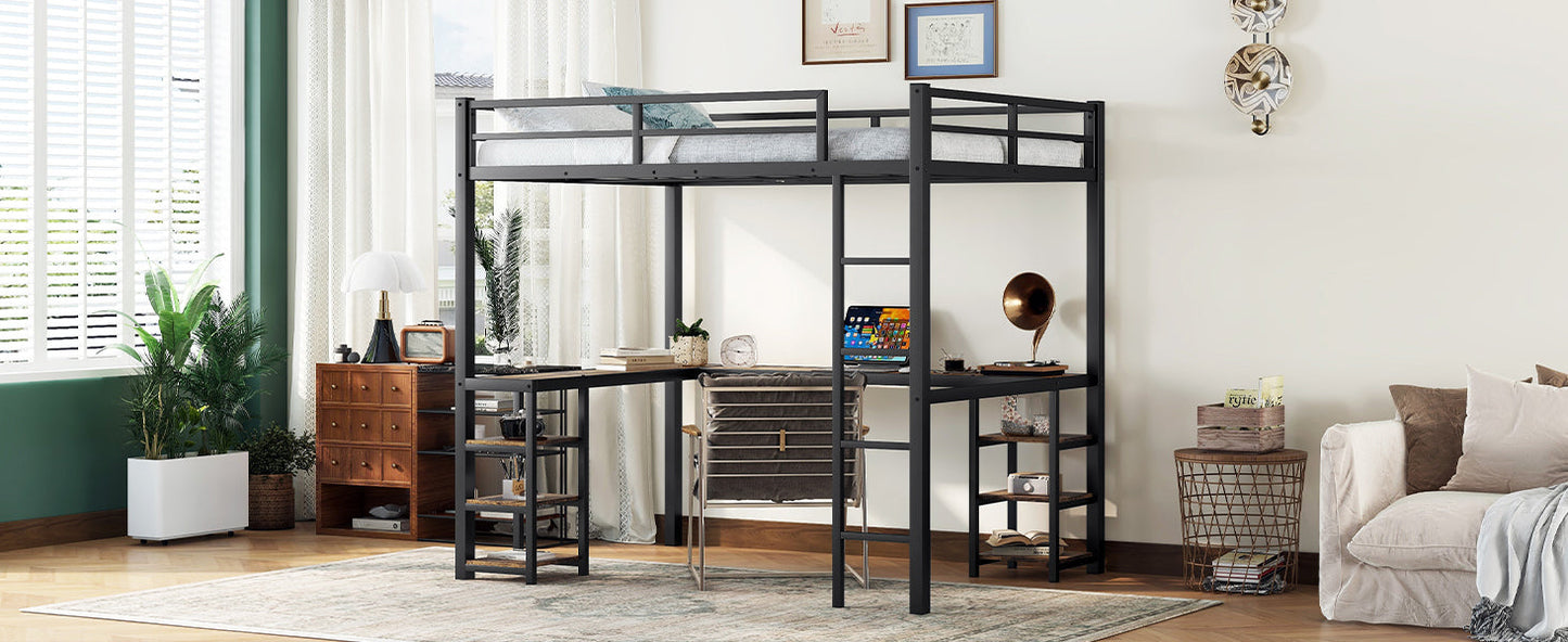 Full metal loft bed with desk and shelf, loft bed with ladder and guardrail, bedroom loft bed frame, black - Korvel