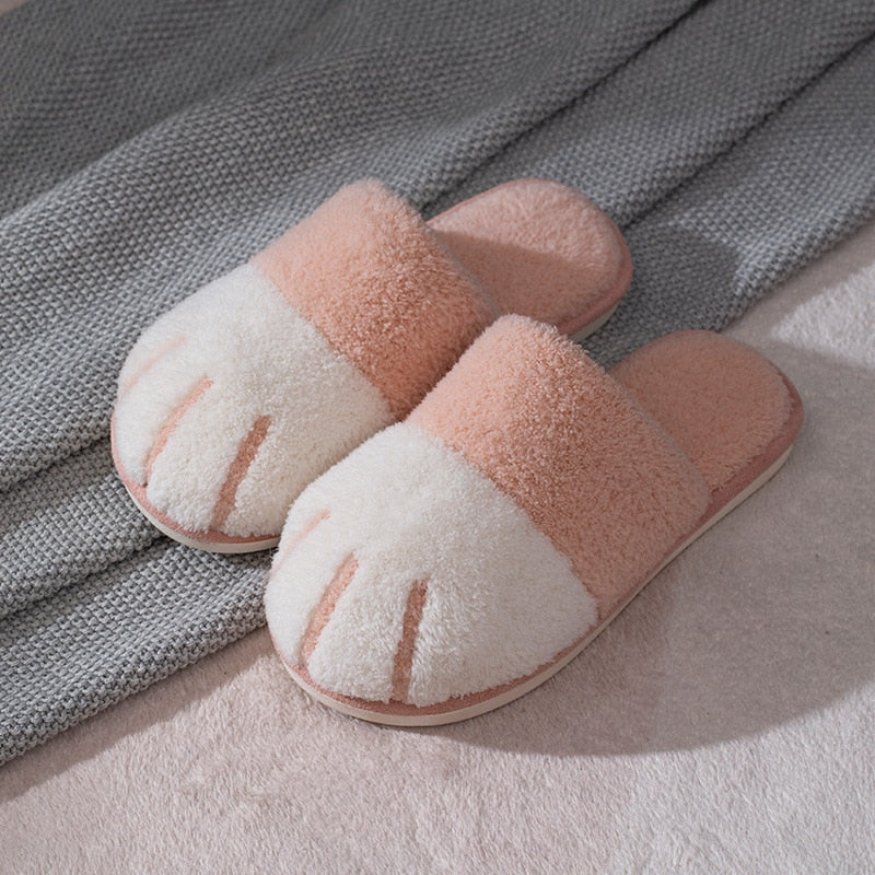Winter House Warm Fur Slipers For Women Cute Cat paw Designer Bedroom Warm Plush Shoes Non-slip Indoor Women Furry Slippers - Korvel