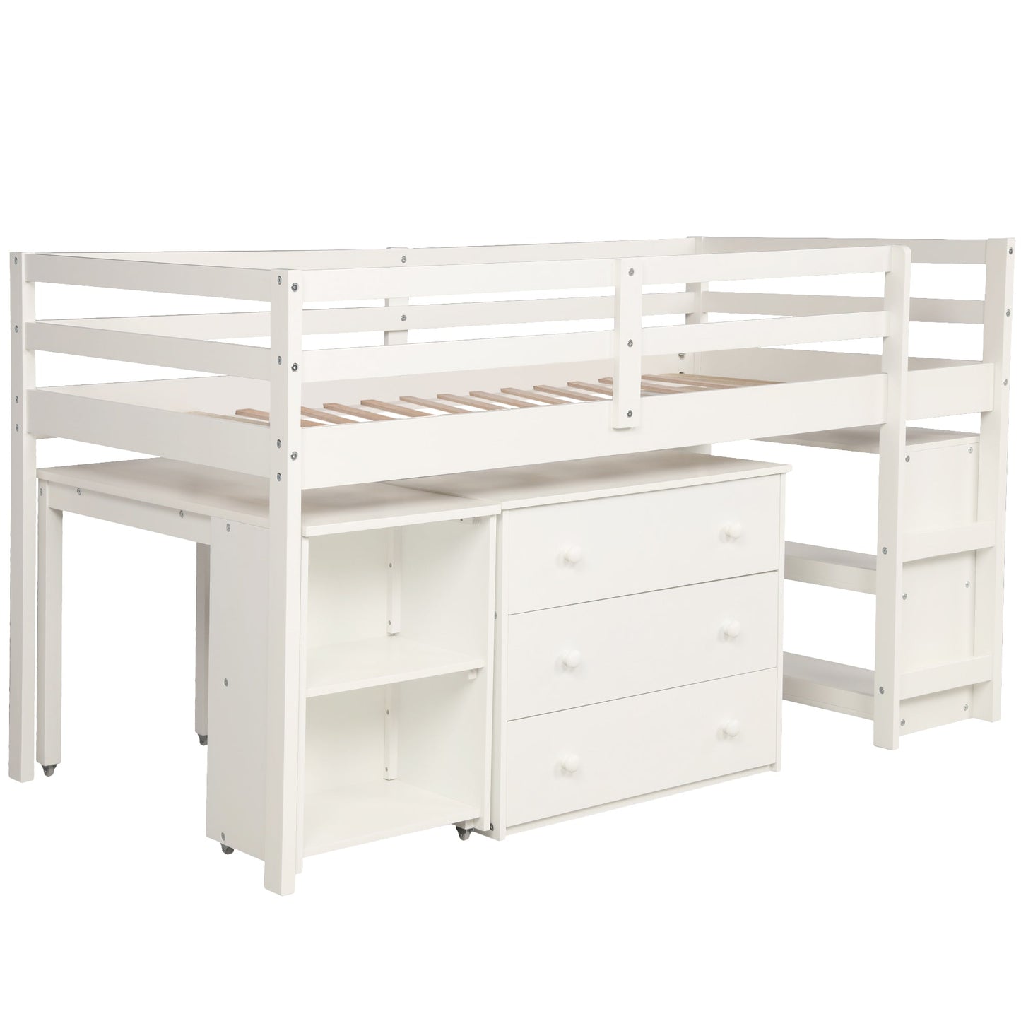 Low Study Twin Loft Bed with Cabinet and Rolling Portable Desk - White (OLD SKU :LP000113AAK) - Korvel