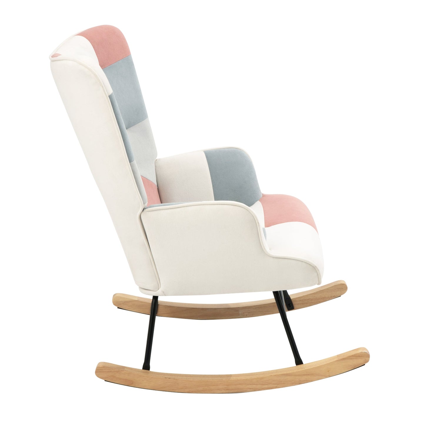 Rocking Chair with ottoman, Mid Century Fabric Rocker Chair with Wood Legs and Patchwork Linen for Livingroom Bedroom - Korvel