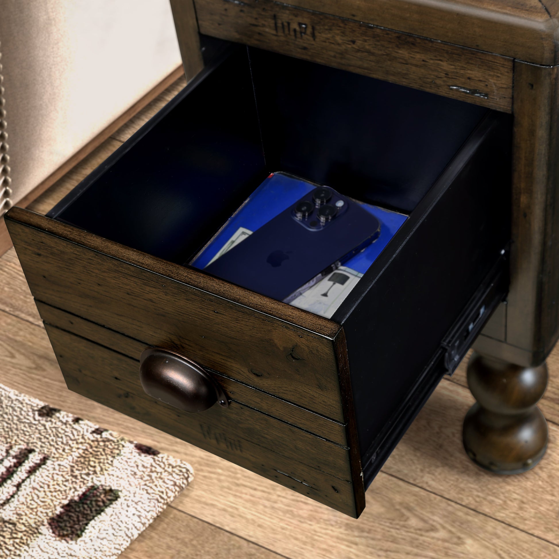 Solid wood end table, rectangular 23.6 inch narrow edge table with drawers, vintage bedside table, Espresso - Korvel