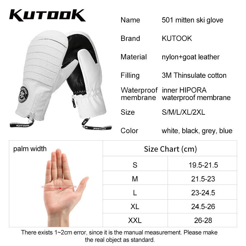 KUTOOK Winter Ski Mittens Windproof Snowboard Mittens Thermal Fleece Lining Skiing Gloves Waterproof Goatskin Palm Outdoor Sport - Korvel