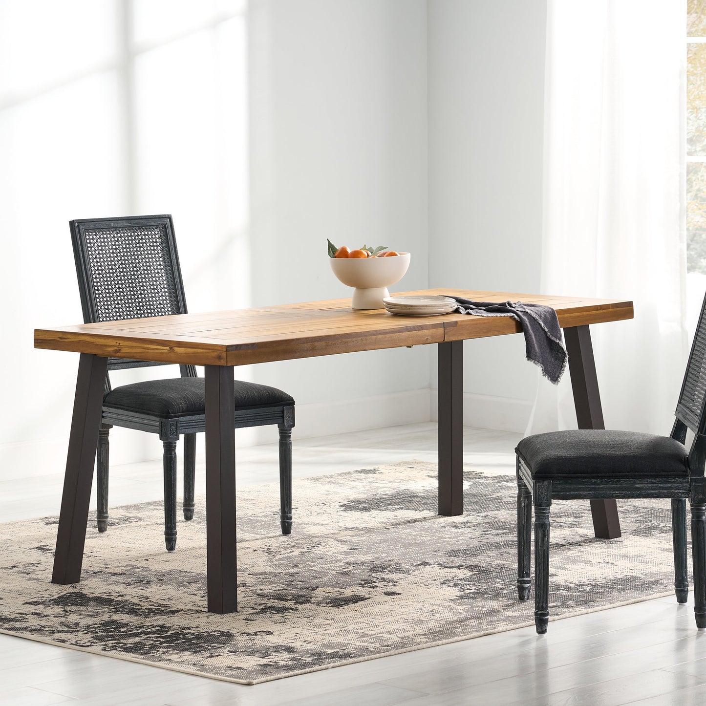 Della Acacia Wood Dining Table, Natural Stained with Rustic Metal, Brown, Grey - Korvel