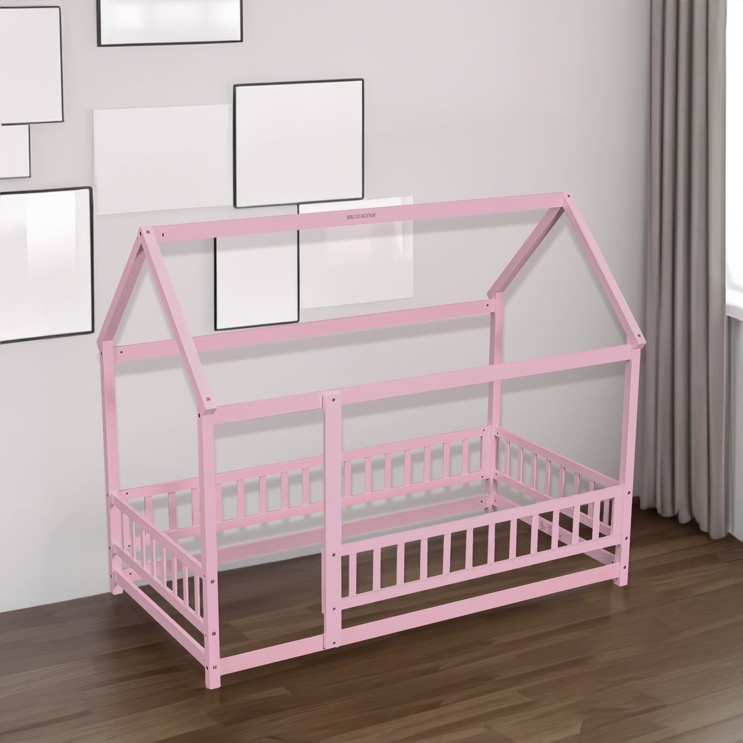 Twin Size Floor Wooden Bed with House Roof Frame, Fence Guardrails,Pink - Korvel