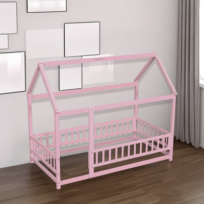 Twin Size Floor Wooden Bed with House Roof Frame, Fence Guardrails,Pink - Korvel