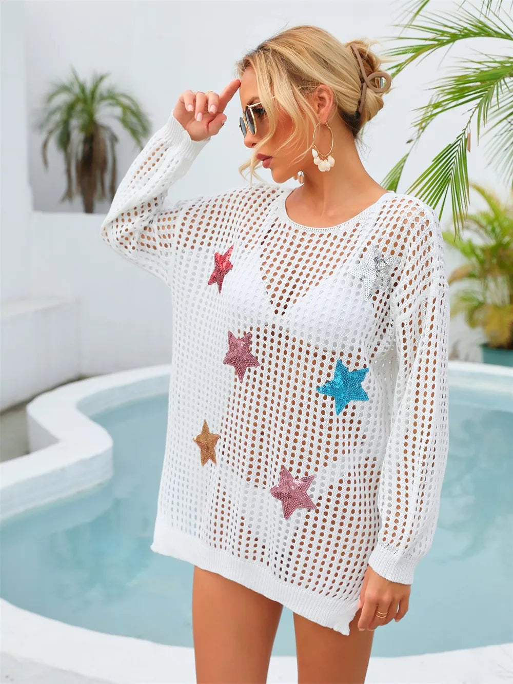 Sequin Star Round Neck Long Sleeve Cover Up - Korvel
