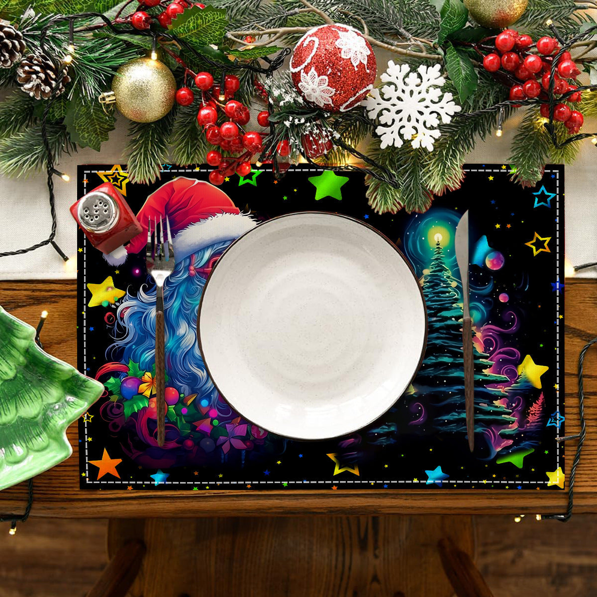 Christmas table mat with white linen starry sky and Santa Claus print - Korvel