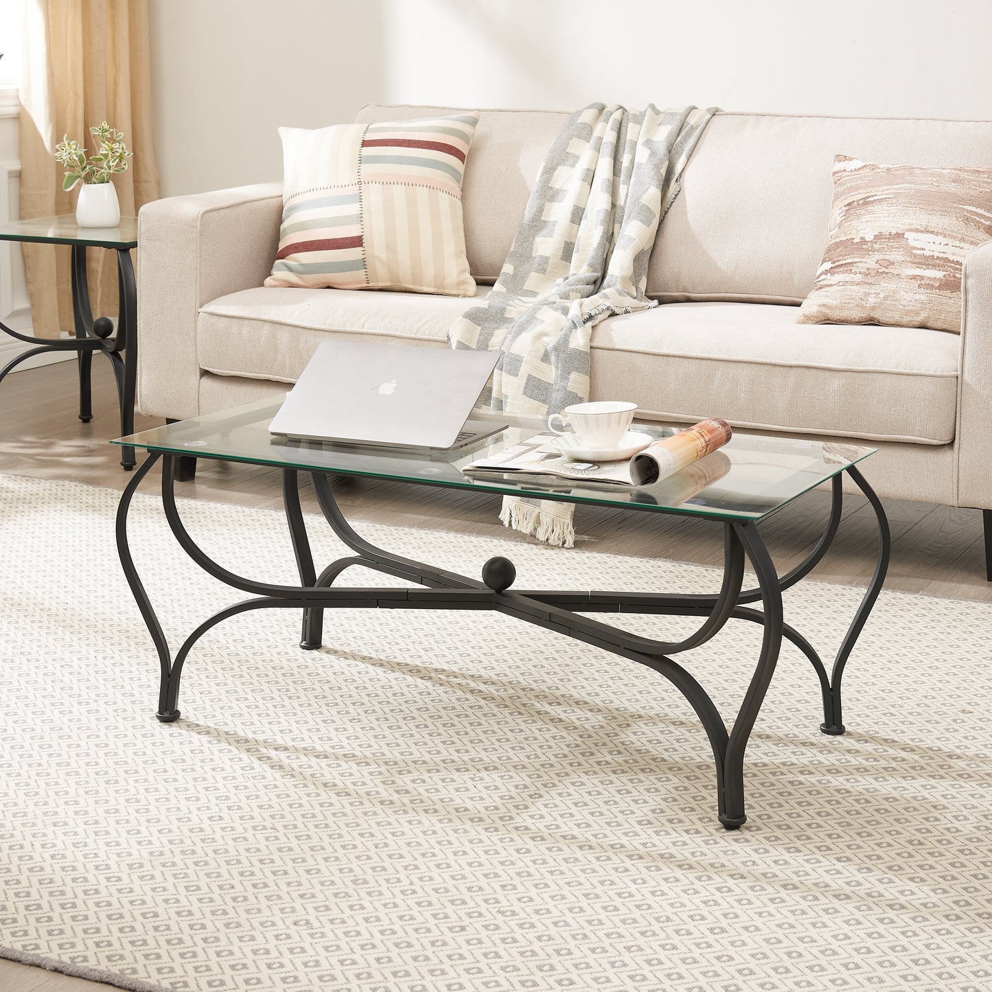 Conjunto de Mesa de Café Elegante de 3 Piezas con Vidrio Templado