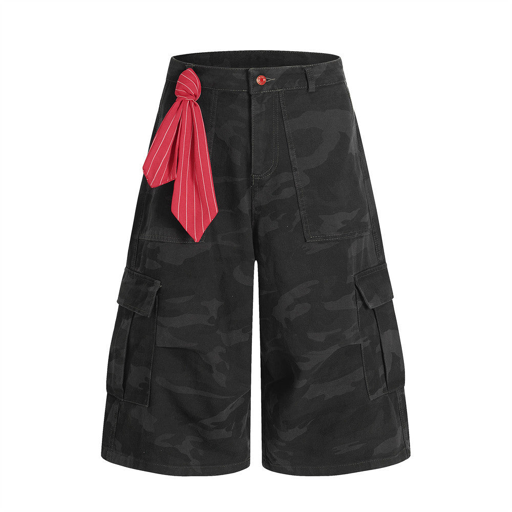 American Retro Camouflage Denim Seven-Quarter Shorts for Men, Loose Wide-Leg Multi-Pocket Design Workwear Five-Quarter Pants Trendy - Korvel
