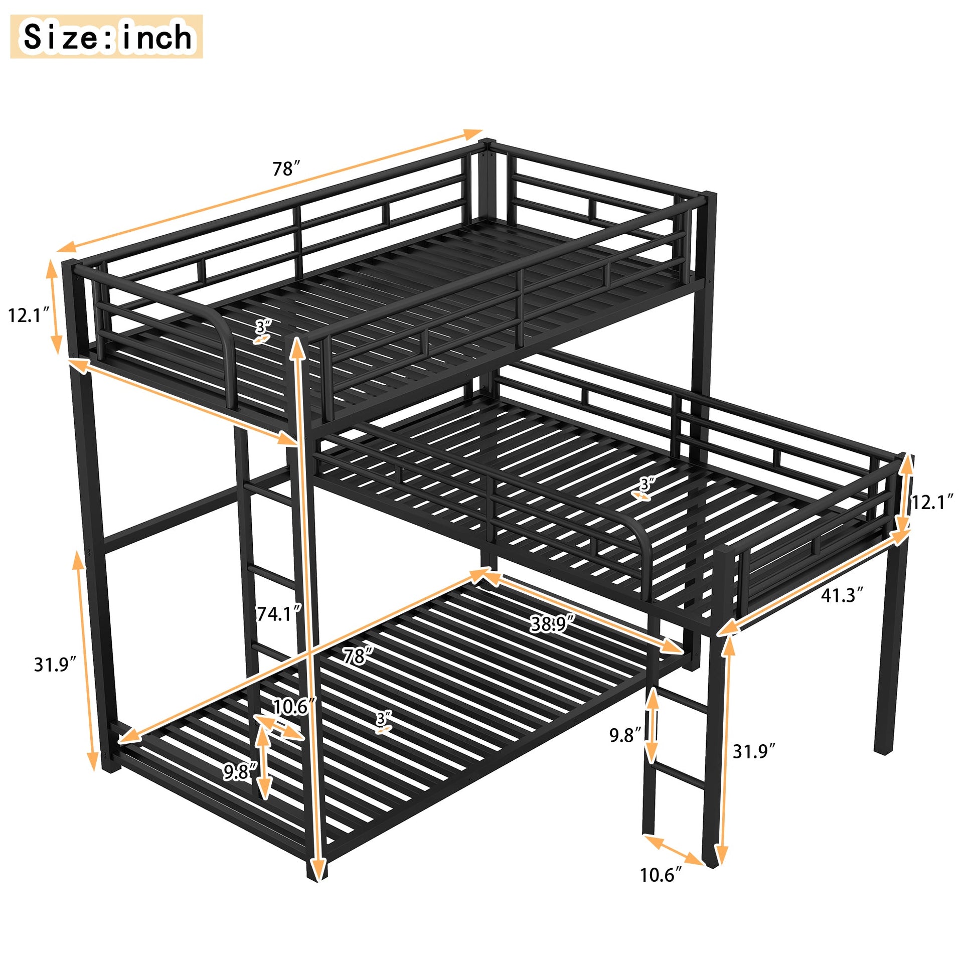 L-shaped Metal Triple Twin Size Bunk Bed, Black - Korvel