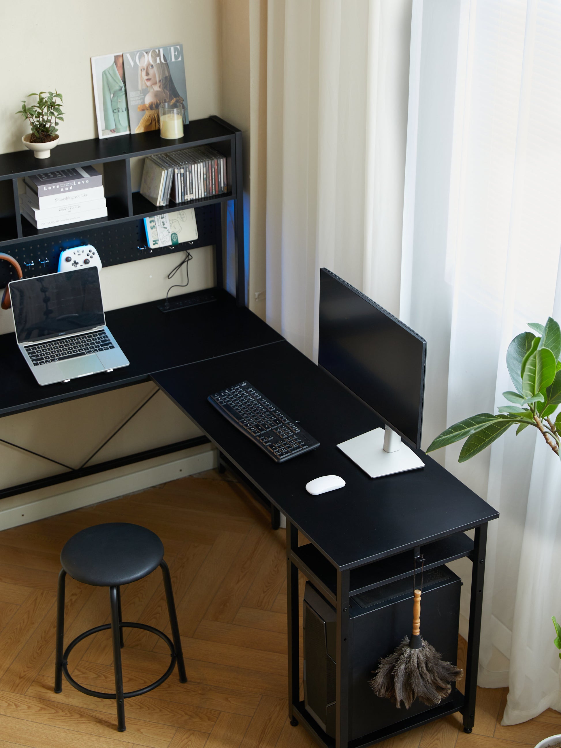 94.5 Inch Home Office Desk L shape gaming desk with LED storage Shelves METAL PANNEL and stool (BLACK) - Korvel