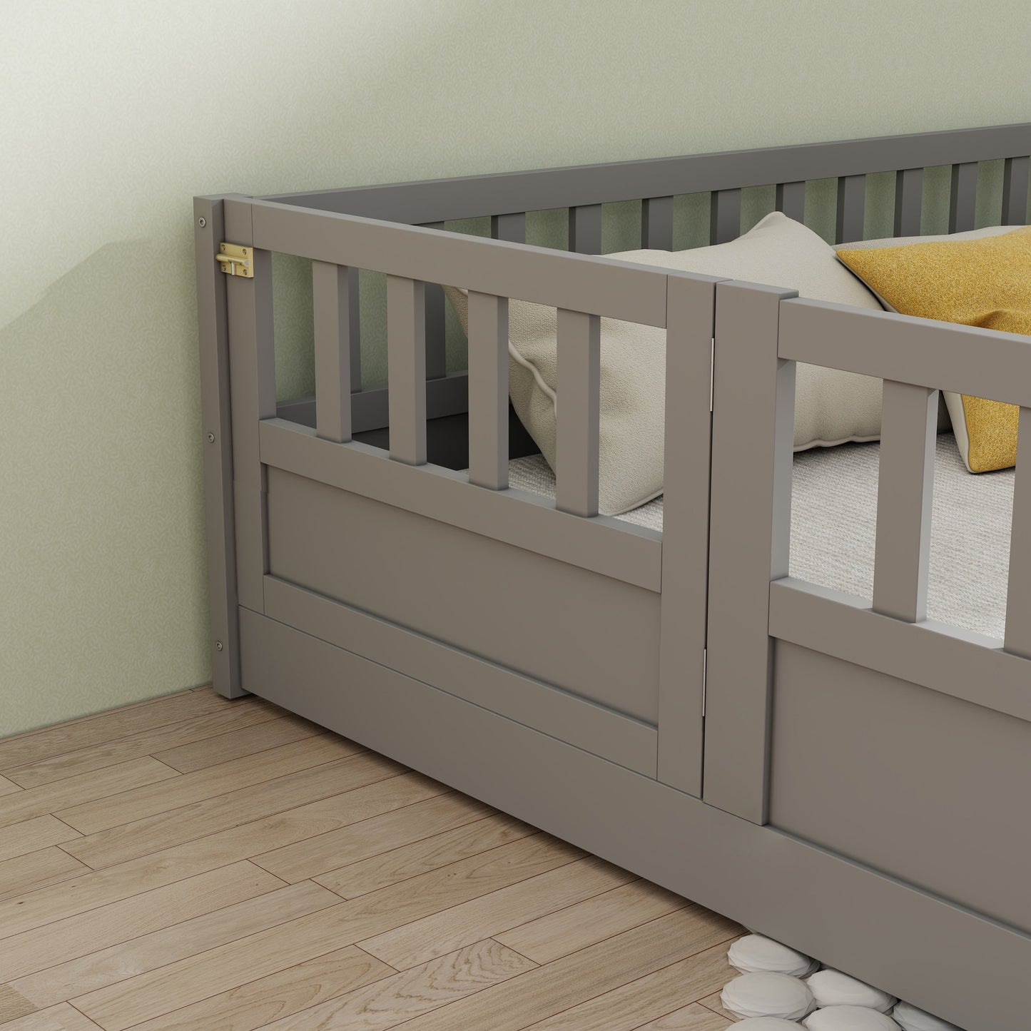 Full size floor bed, children's floor bed frame, Montessori wood floor bed, support Flat noodles gray - Korvel