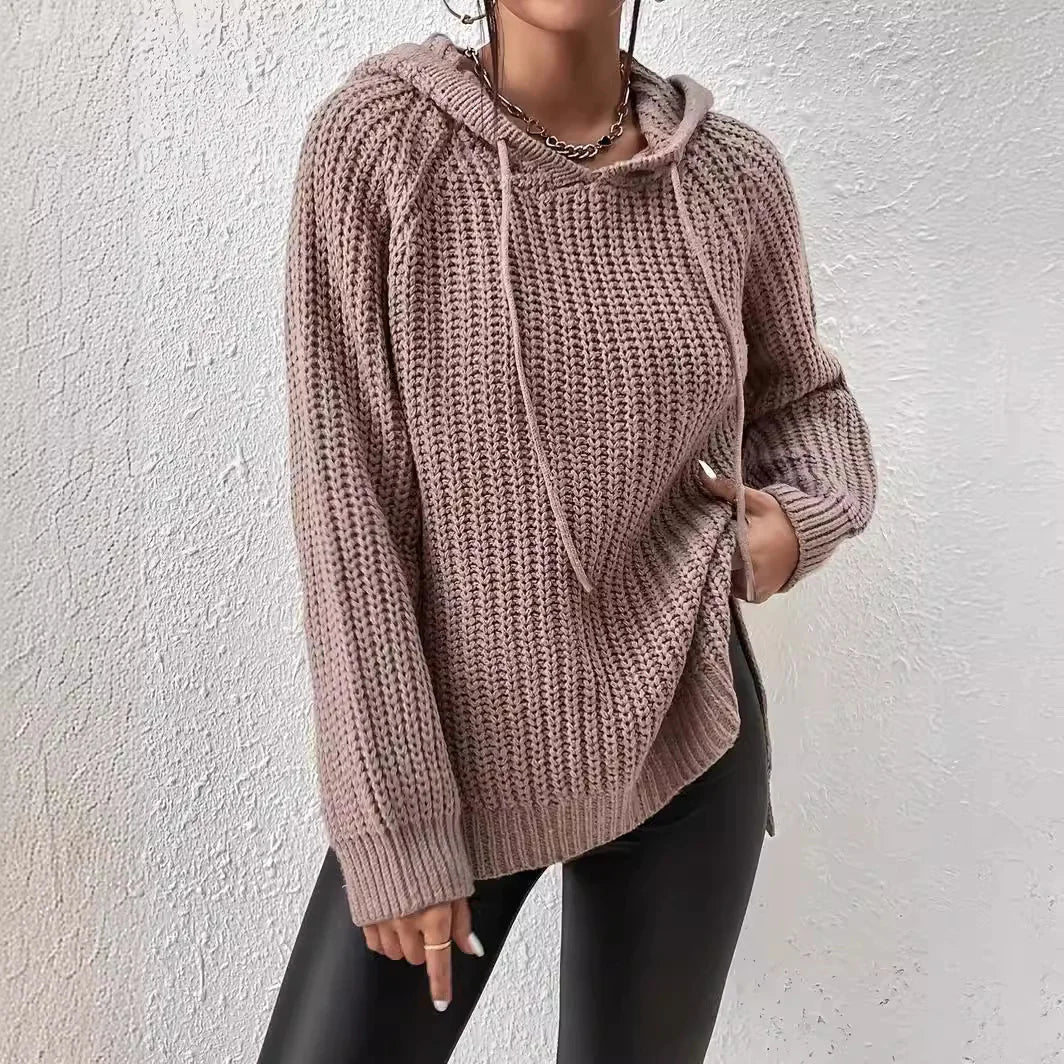 Women's Loose Pullover Hooded Sweater in Camel