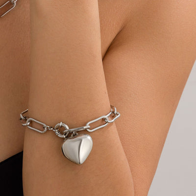 Ins Simple and Versatile Big Peach Heart Bracelet Personalized Heart shaped Iron Chain Bracelet for Women - Korvel