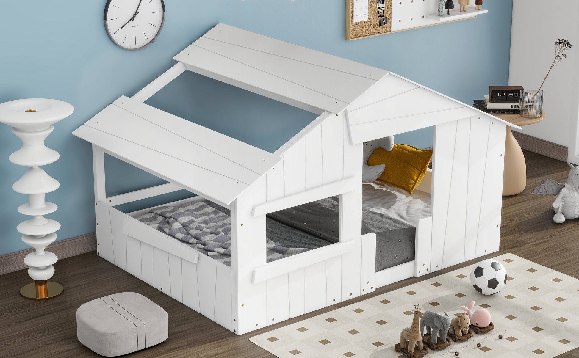 Wood Full Size House Bed with Roof, Window and Guardrail White - Korvel
