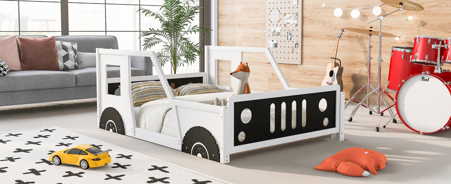Full Size Classic Car-Shaped Platform Bed with Wheels White - Korvel