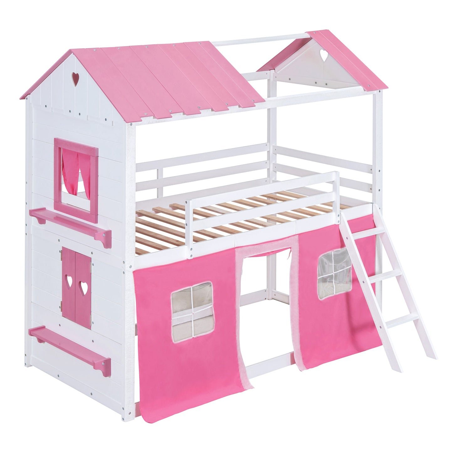Elegant Twin Size Bunk Wood House Bed in Pink and White