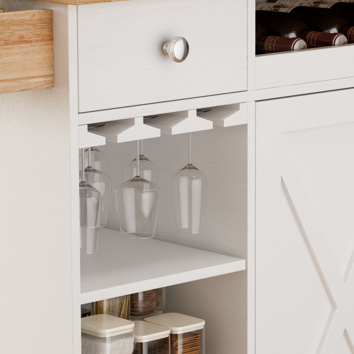 44 Inch Kitchen Island Cart with Solid Wood Top, Wine Storage, Spice Rack, Towel Rack, Wine Glass Holder White & Oak - Korvel