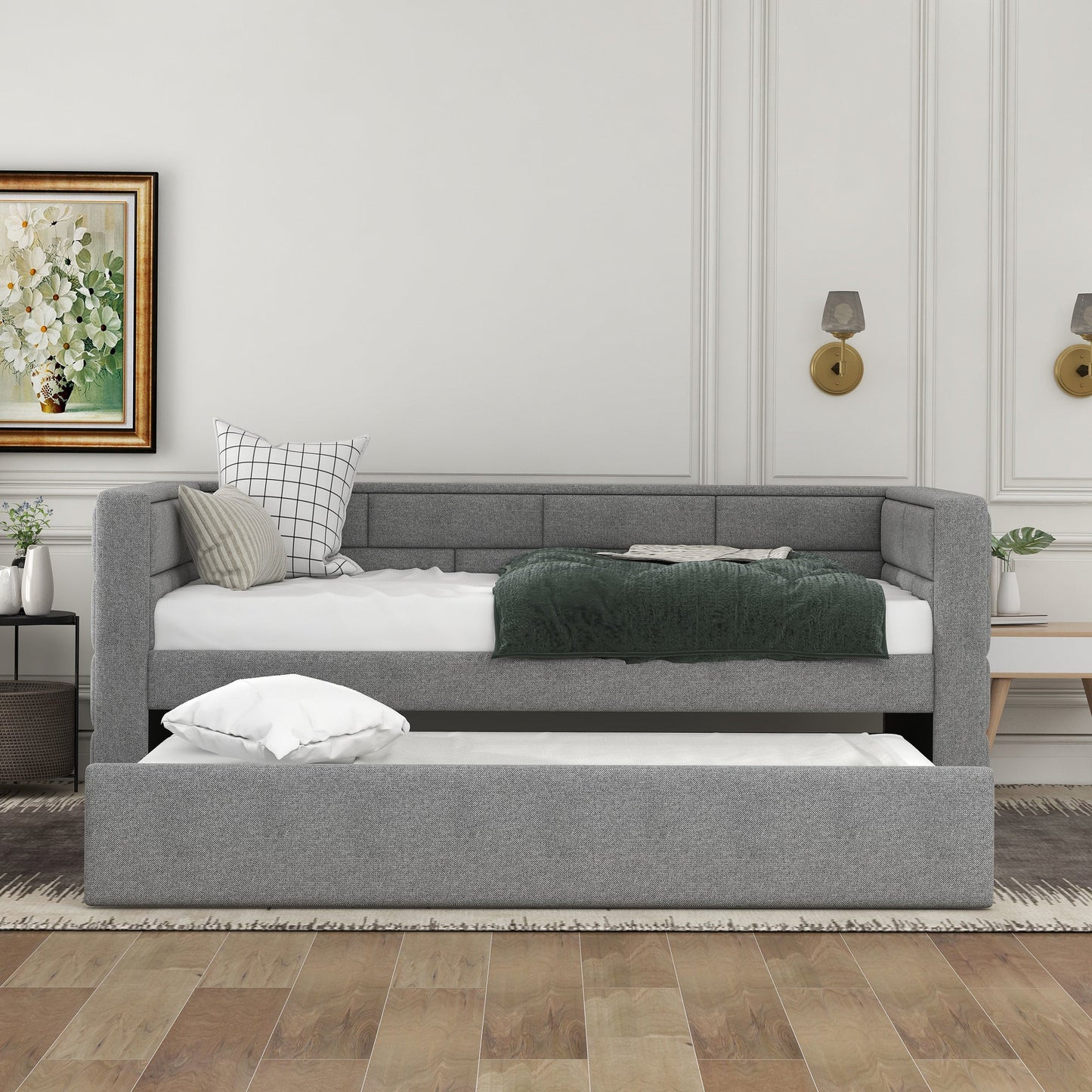 Twin Size Daybed with Trundle  Upholstered Daybed with Padded Back  Gray - Korvel